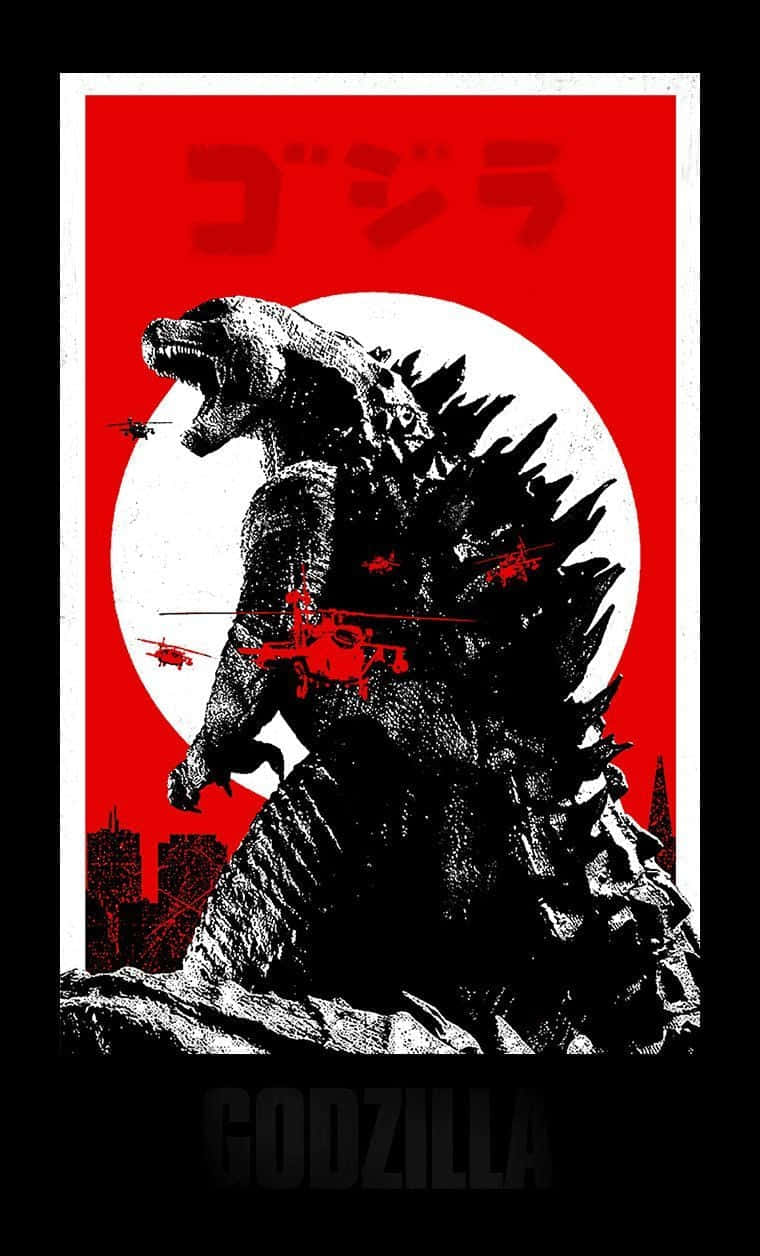 Classic Godzilla 桌布 壁紙 — 一隻風格化的哥斯拉在紅色背景上咆哮，背景有白色太陽和攻擊中的戰鬥機。