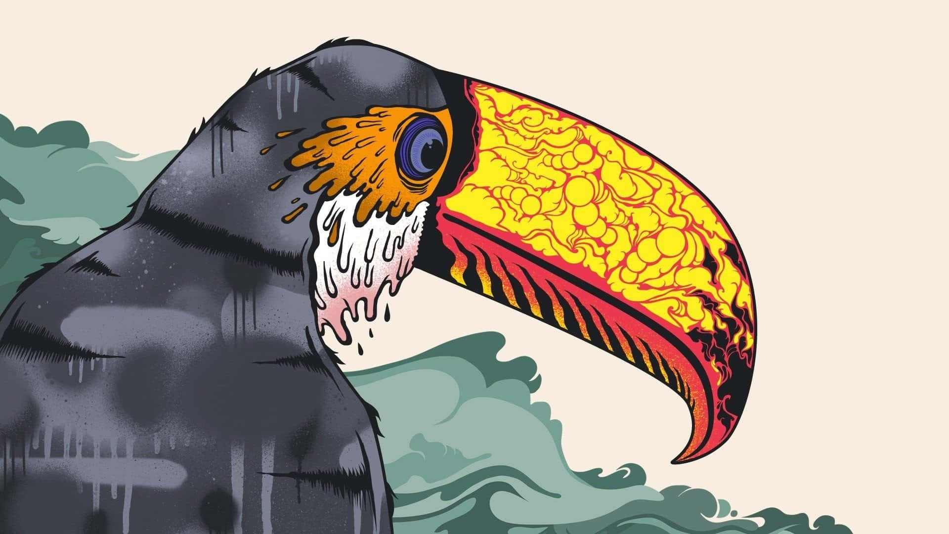 Trippy Animals 桌布 壁紙 — 一隻風格化的巨嘴鳥，擁有鮮豔的黃色和紅色喙，站在柔和的綠色和米色背景前。