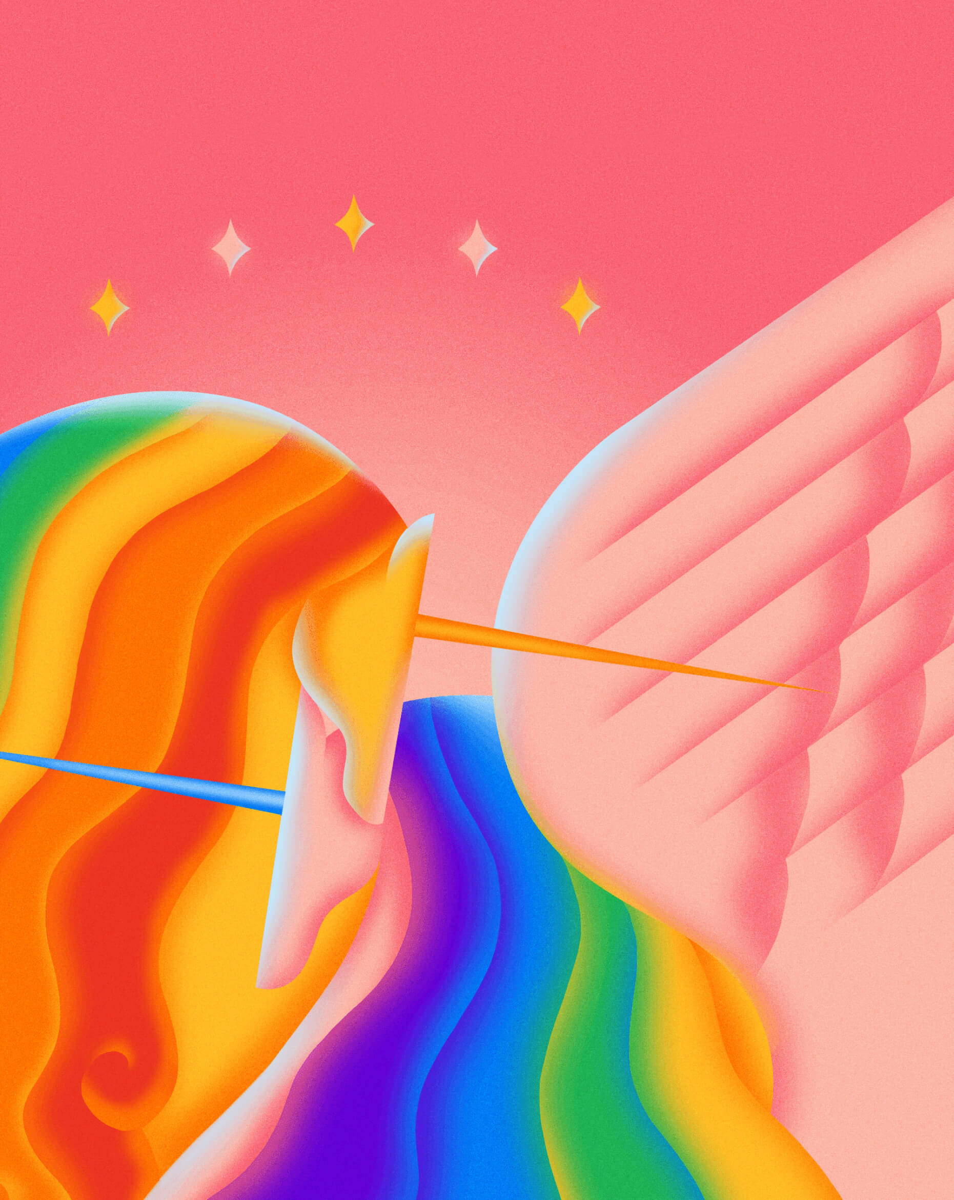 lgbt 桌布 壁紙 — 一隻風格化的彩虹獨角獸，帶有翅膀和角，背景是柔和的粉紅色天空，漂浮著星星。