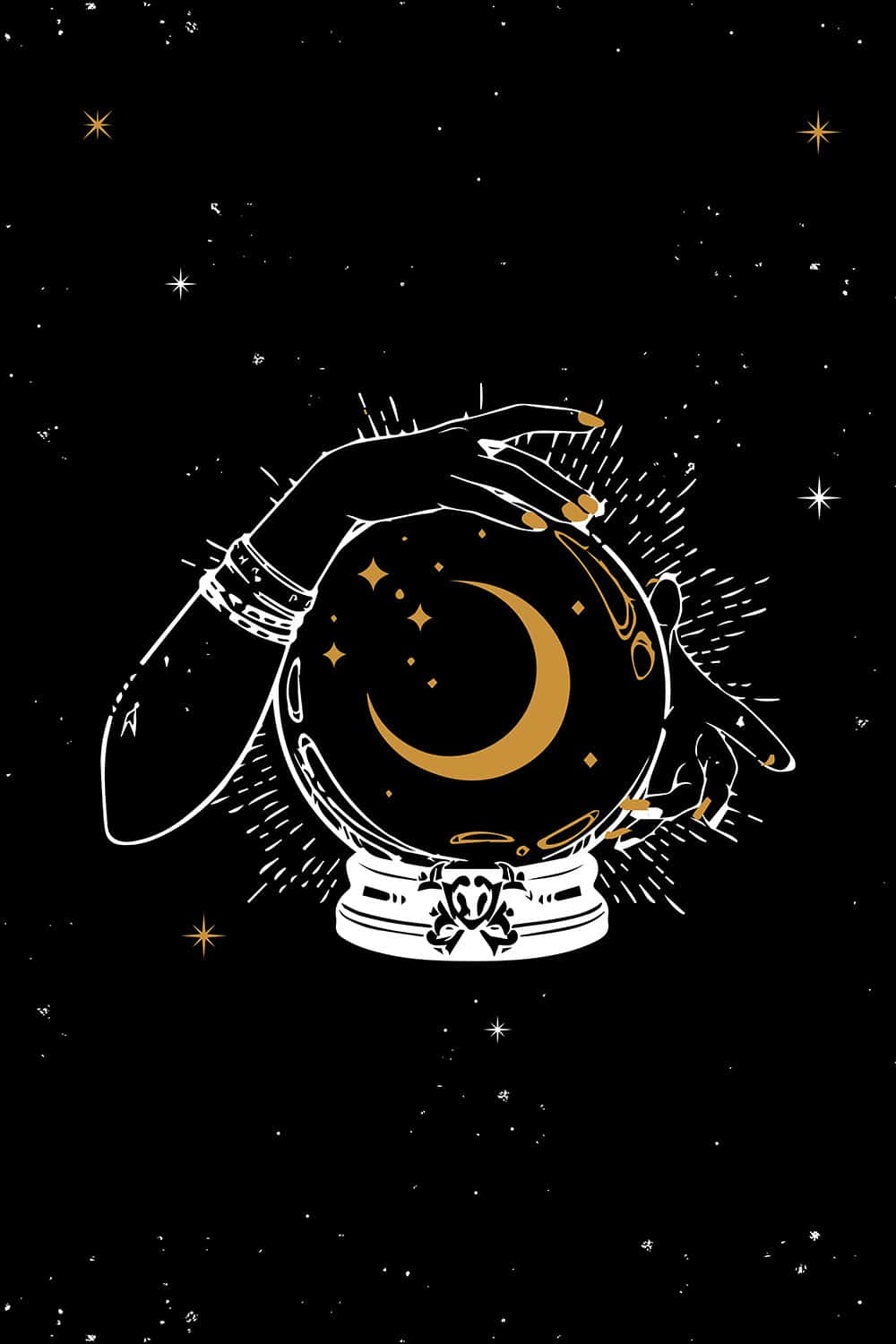Witch Aesthetic 桌布 壁紙 — 一隻風格化的手托著一個水晶球，裡面有新月和星星，背景是星光閃爍的黑色。