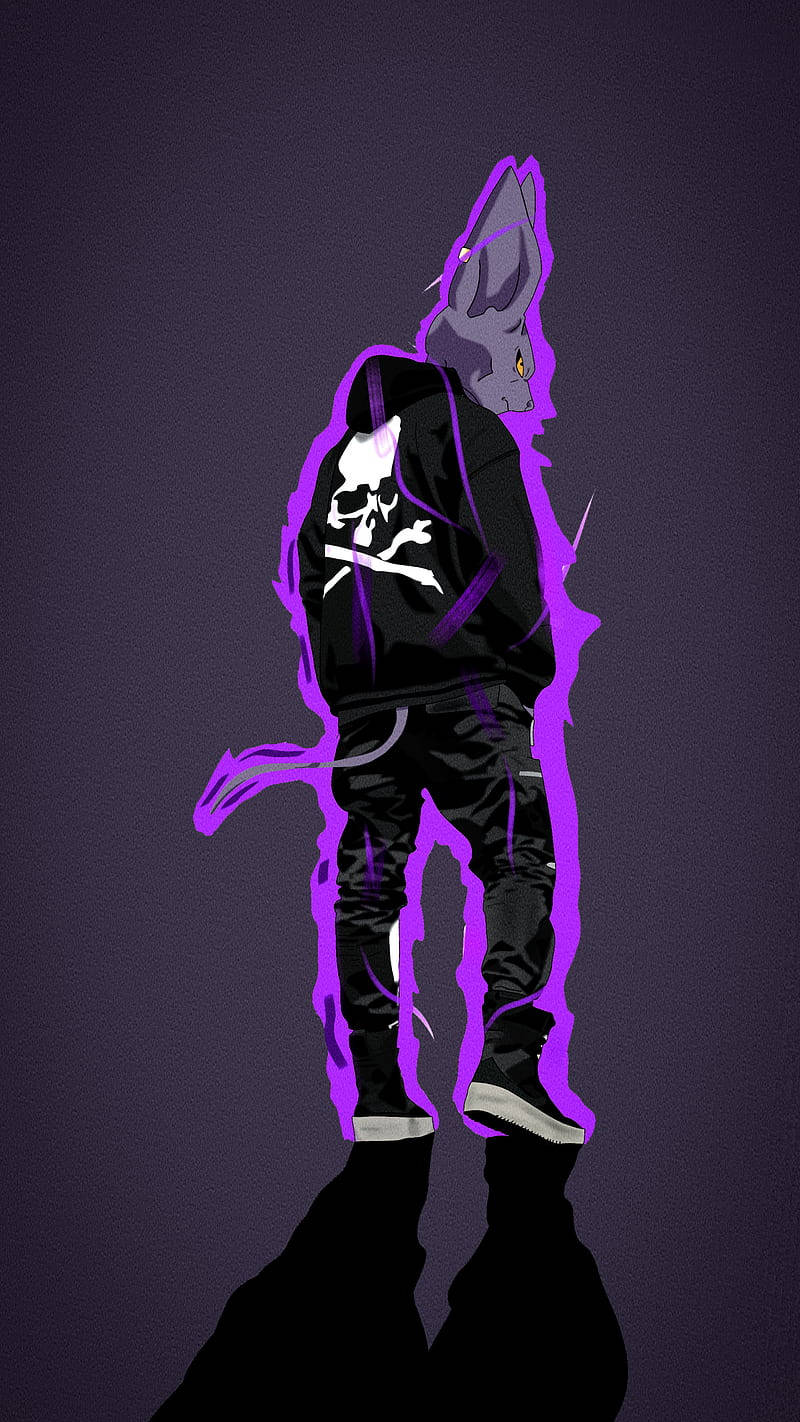 滴漏 桌布 壁紙 — 一隻風格化的擬人化狐狸，帶有發光的紫色輪廓，穿著骷髏外套，背景為深紫色。