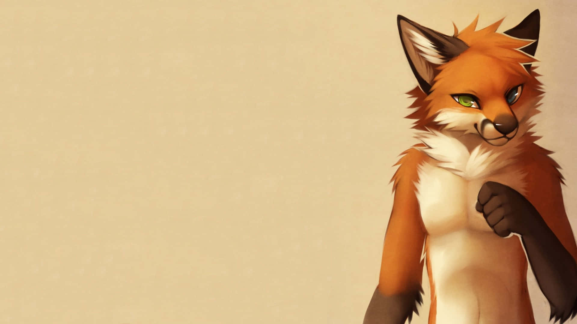 Stylish Anime Fox 壁紙 — 一隻風格化的擬人化狐狸，有綠色眼睛和橙色毛髮，自信地站在純米色背景前。