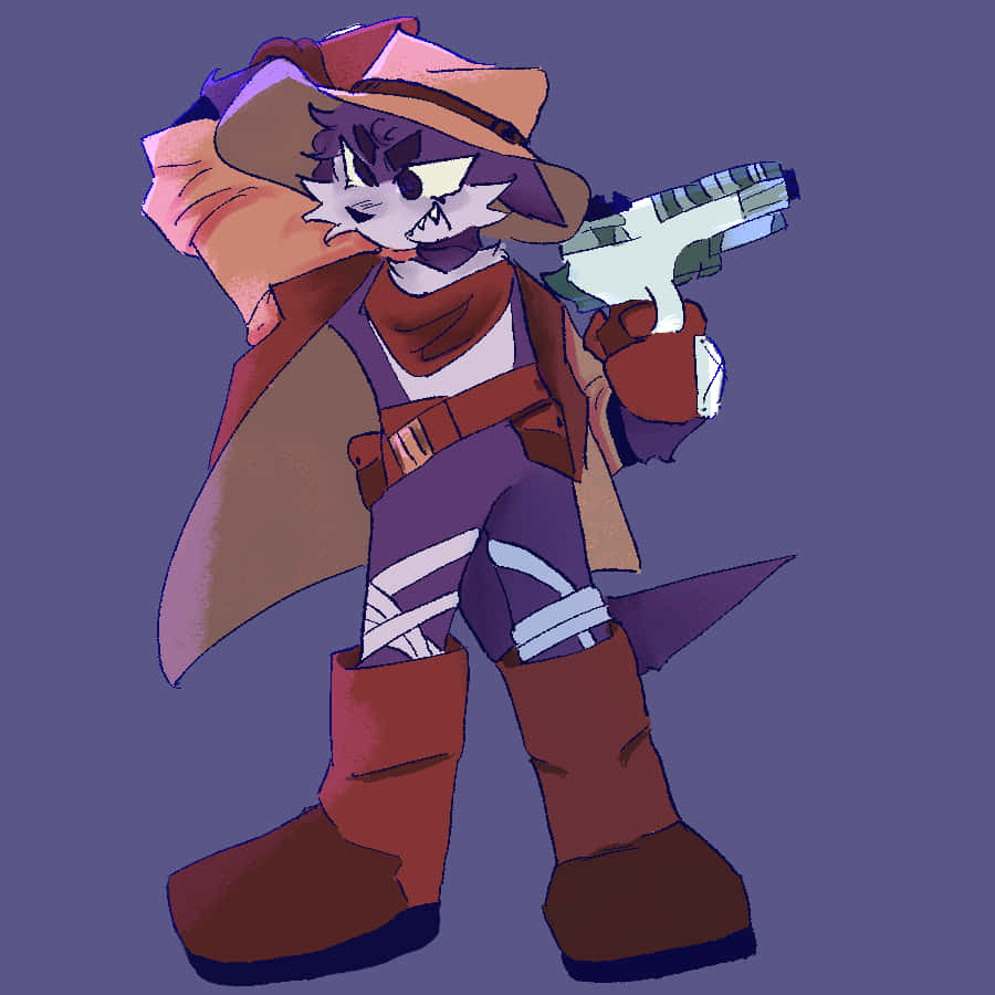 Fang The Sniper 桌布 壁紙 — 一隻風格化的擬人化狐狸，身穿棕色外套和帽子，手持未來手槍，背景為純紫色。