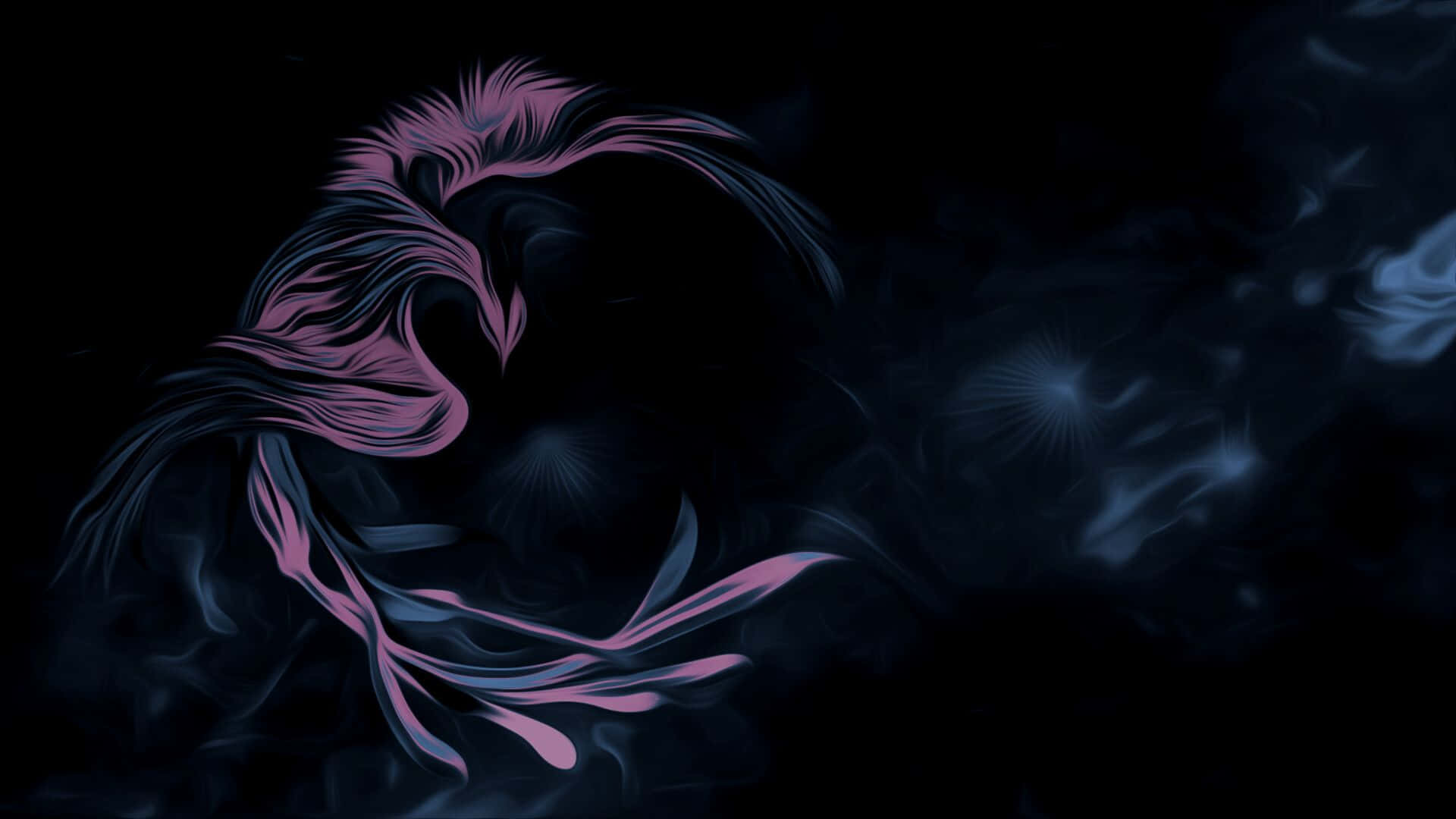 Plasma 桌布 壁紙 — 一隻風格化的數碼鳳凰，帶有粉紅色和藍色的羽毛，從黑色背景上旋轉的黑暗煙霧中出現。