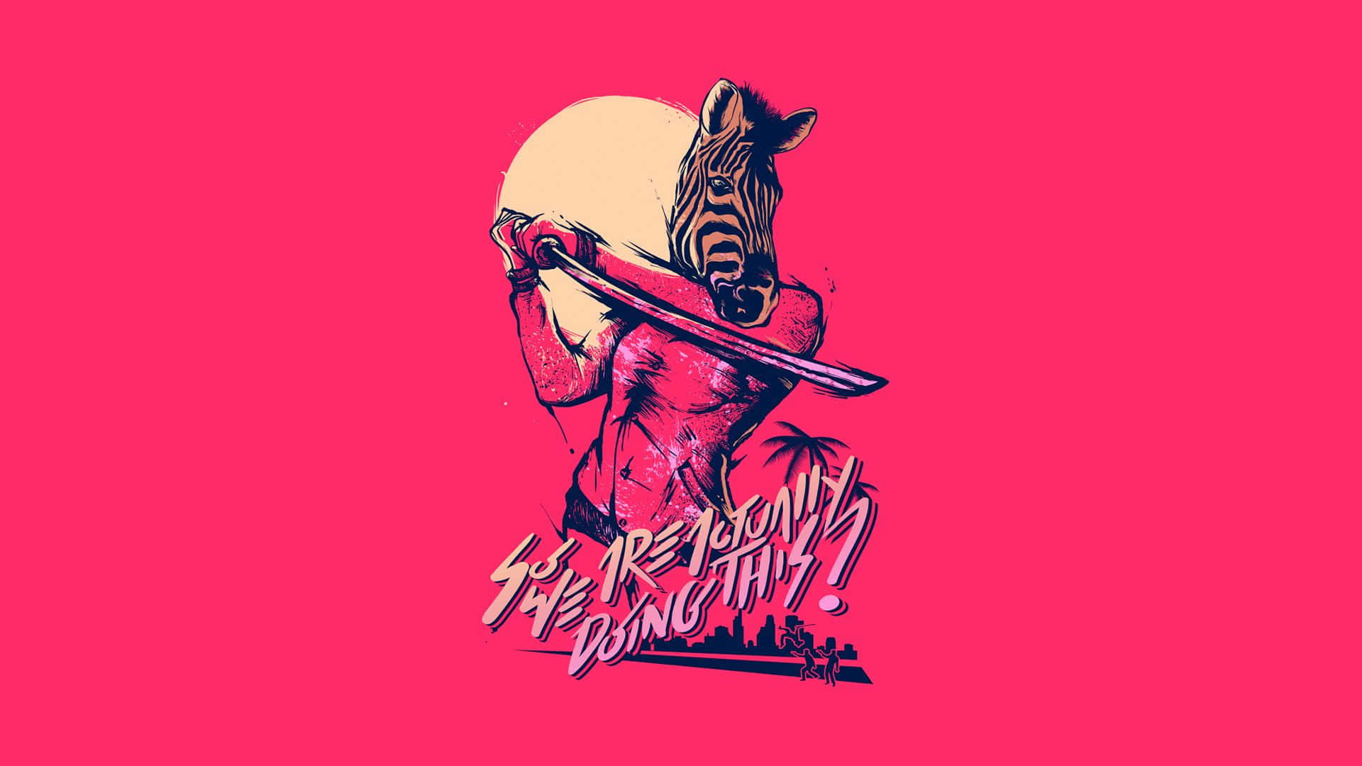 Hotline Miami 桌布 壁紙 — 一隻風格化的斑馬在粉紅色背景上持劍，下方有城市景觀和棕櫚樹。