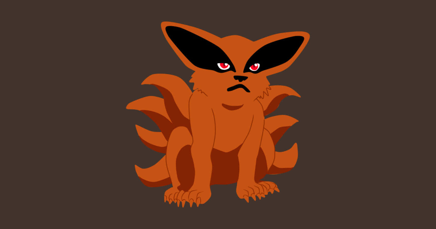 Baby Kurama 桌布 壁紙 — 一隻風格化的橙色九尾狐，擁有紅色眼睛和黑色斑紋，坐在深棕色背景前。