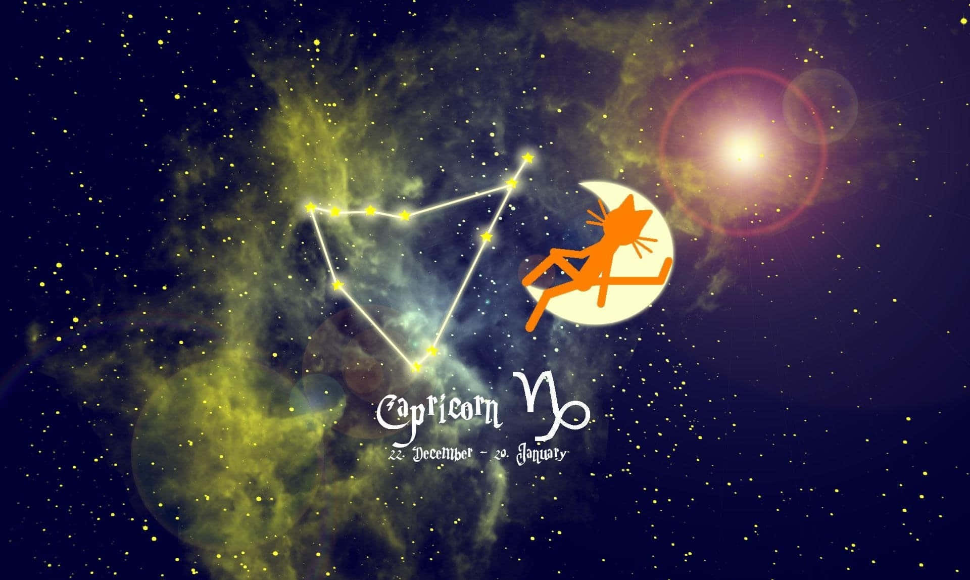 山羊座 桌布 壁紙 — 一隻風格化的橙色山羊剪影坐在新月上，旁邊是摩羯座星座，在繁星點點的星雲中閃耀。