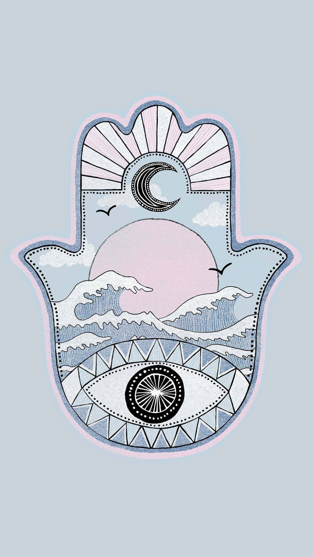 Hamsa 桌布 壁紙 — 一隻風格化的漢莎手，帶有新月、太陽、波浪和全視之眼，以柔和色調呈現。