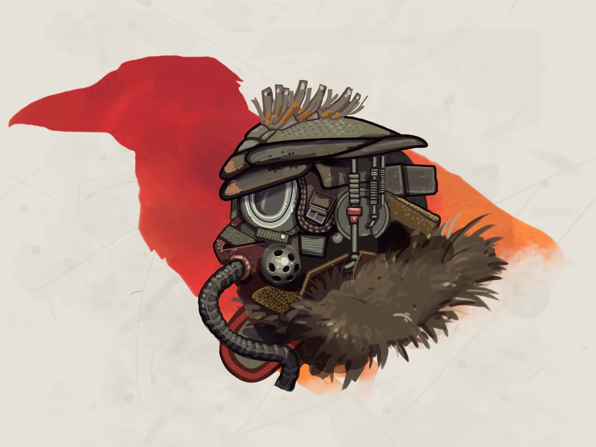 Apex Legends Bloodhound 桌布 壁紙 — 一隻風格化的烏鴉戴著蒸氣龐克防毒面具，背景是紅色和橙色的火焰。