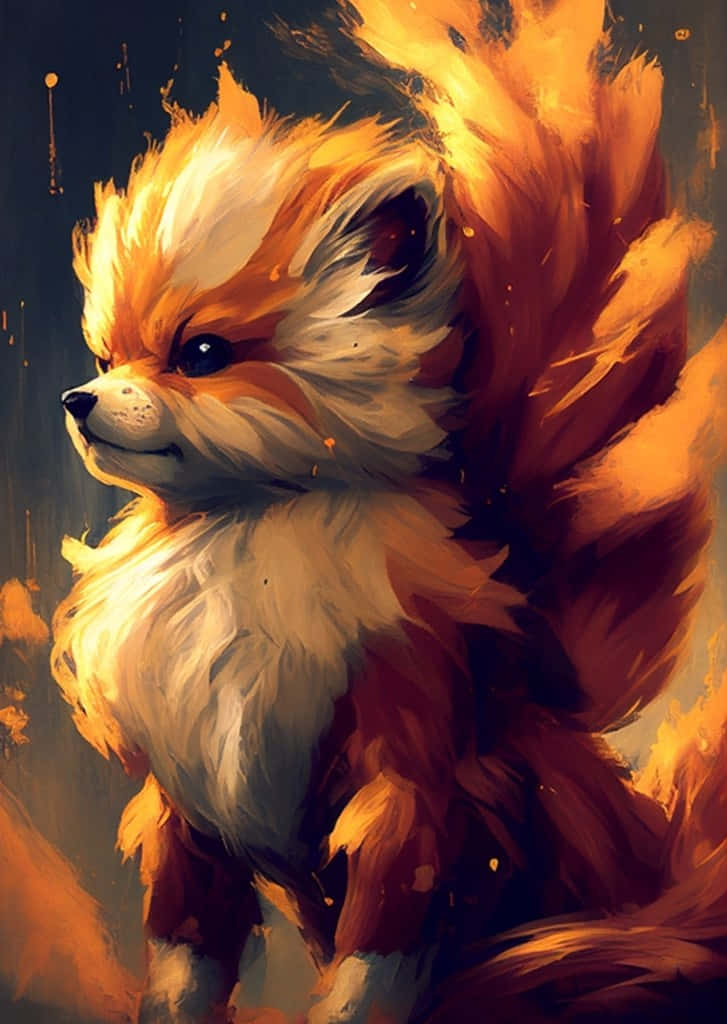 Pokemon Posters 桌布 壁紙 — 一隻風格化的狐狸，擁有火橙色毛皮和發光的眼睛，站在帶有金色光線的黑暗背景前。