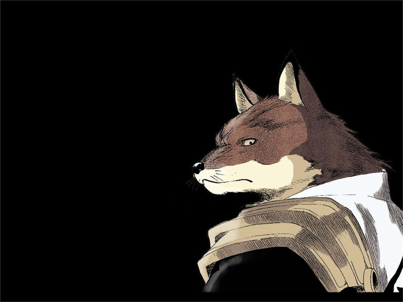 Sajin Komamura 桌布 壁紙 — 一隻風格化的狐狸穿著盔甲，在強烈的黑色背景和戲劇性燈光下凝視著。