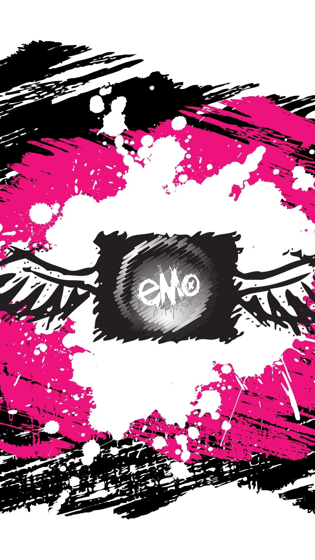 Cute Emo 桌布 壁紙 — 一隻風格化的眼睛，帶有長睫毛和「eMo」文字，周圍環繞著大膽的粉紅色、黑色和白色潑濺和筆觸。