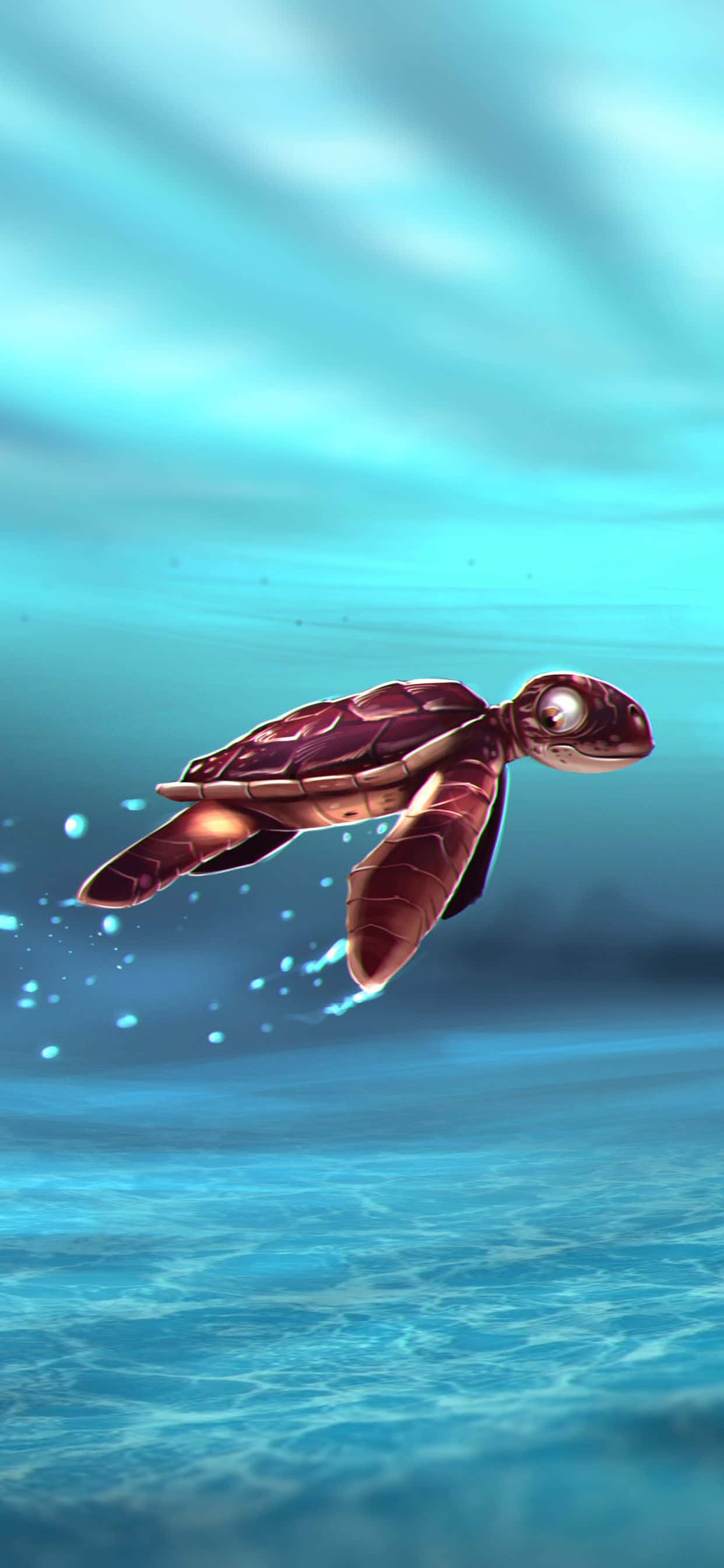 Turtle 桌布 壁紙 — 一隻風格化的紅色海龜在陽光普照的碧綠海洋中優雅地滑行，身後留下閃閃發光的氣泡。