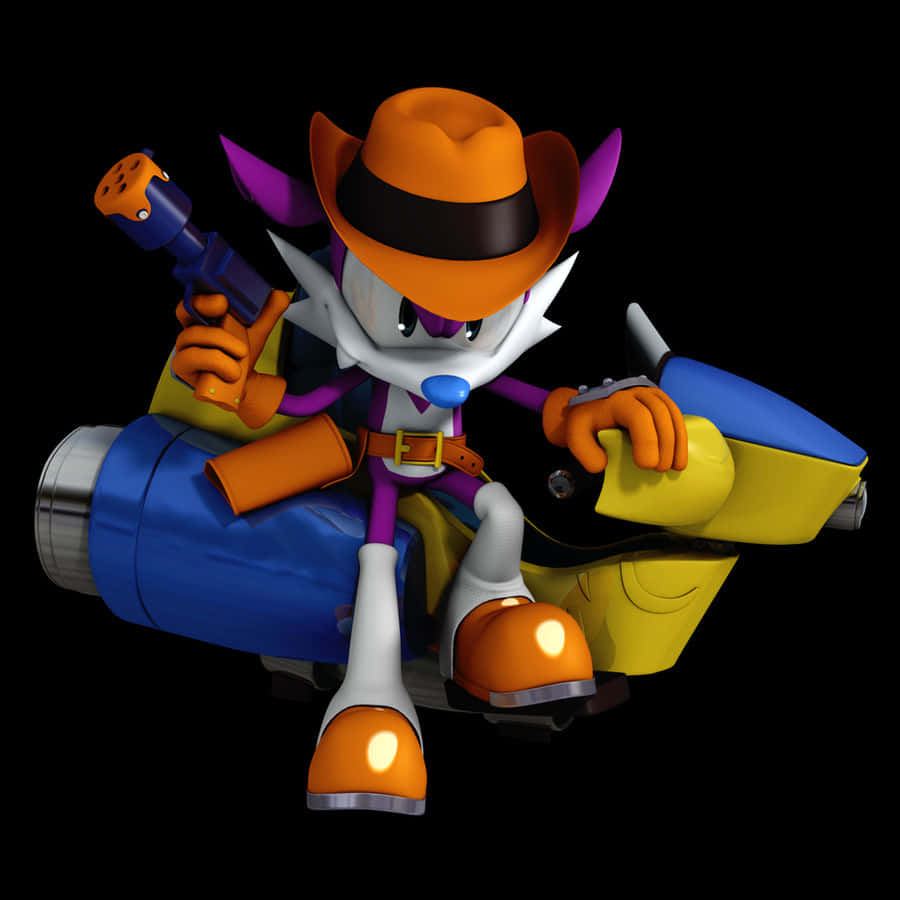 Fang The Sniper 桌布 壁紙 — 一隻風格化的紫色狐狸戴着橙色牛仔帽，騎着藍黃相間的水上電單車，手持水槍，背景為黑色。