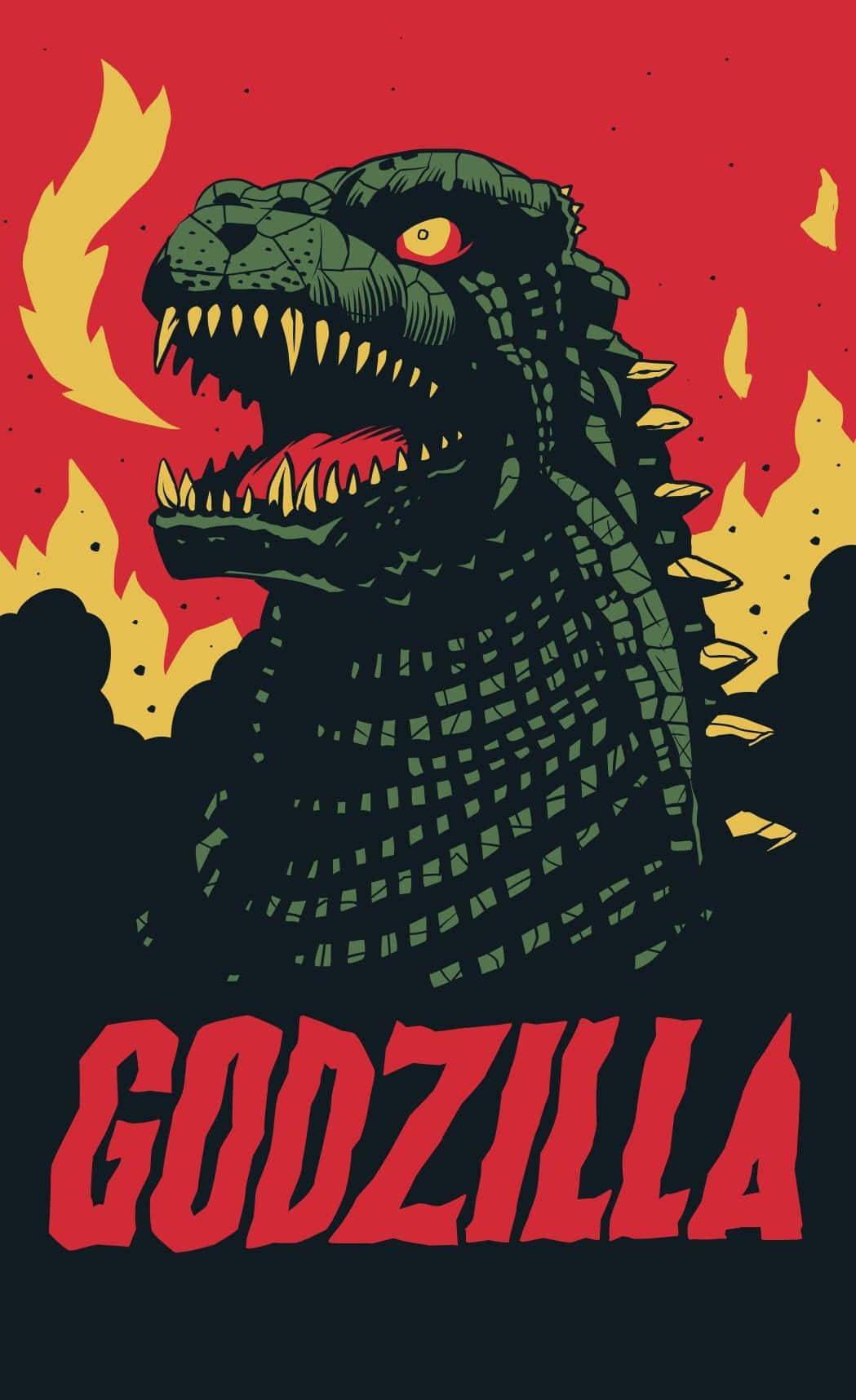 Classic Godzilla 桌布 壁紙 — 一隻風格化的綠色哥斯拉在火紅和黃色的背景前咆哮，下方有粗體紅色文字。