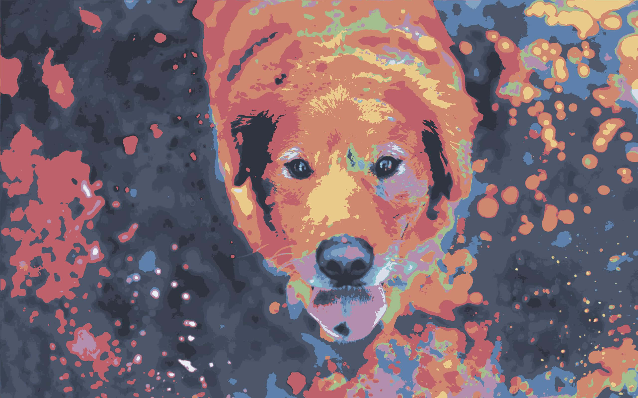 Psychedelic Animals 桌布 壁紙 — 一隻風格化的金毛尋回犬的臉從充滿活力的抽象背景中浮現，背景是濺灑的橙色、粉紅色和藍色顏料。