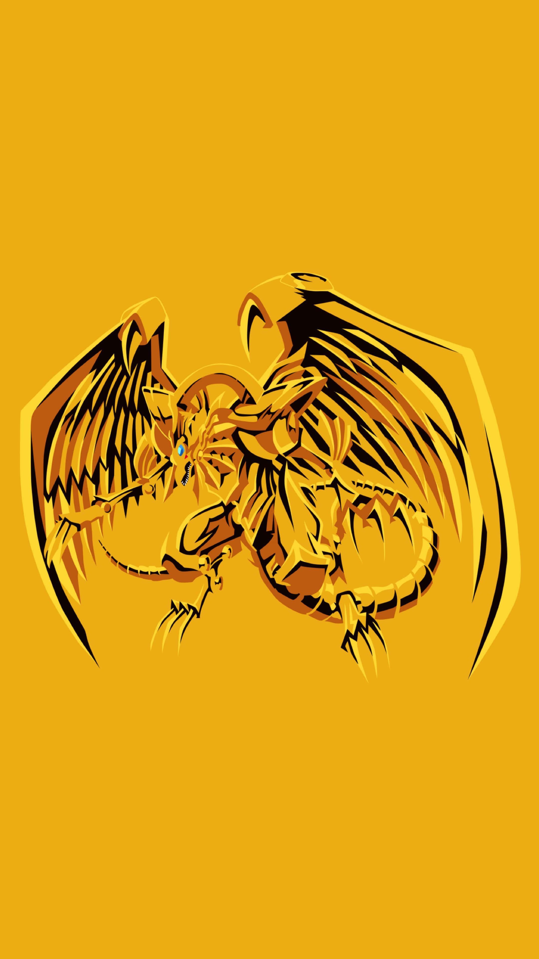 The Winged Dragon Of Ra 桌布 壁紙 — 一隻風格化的金色龍，展開翅膀和鋒利的爪子，主導著純芥末黃色背景。