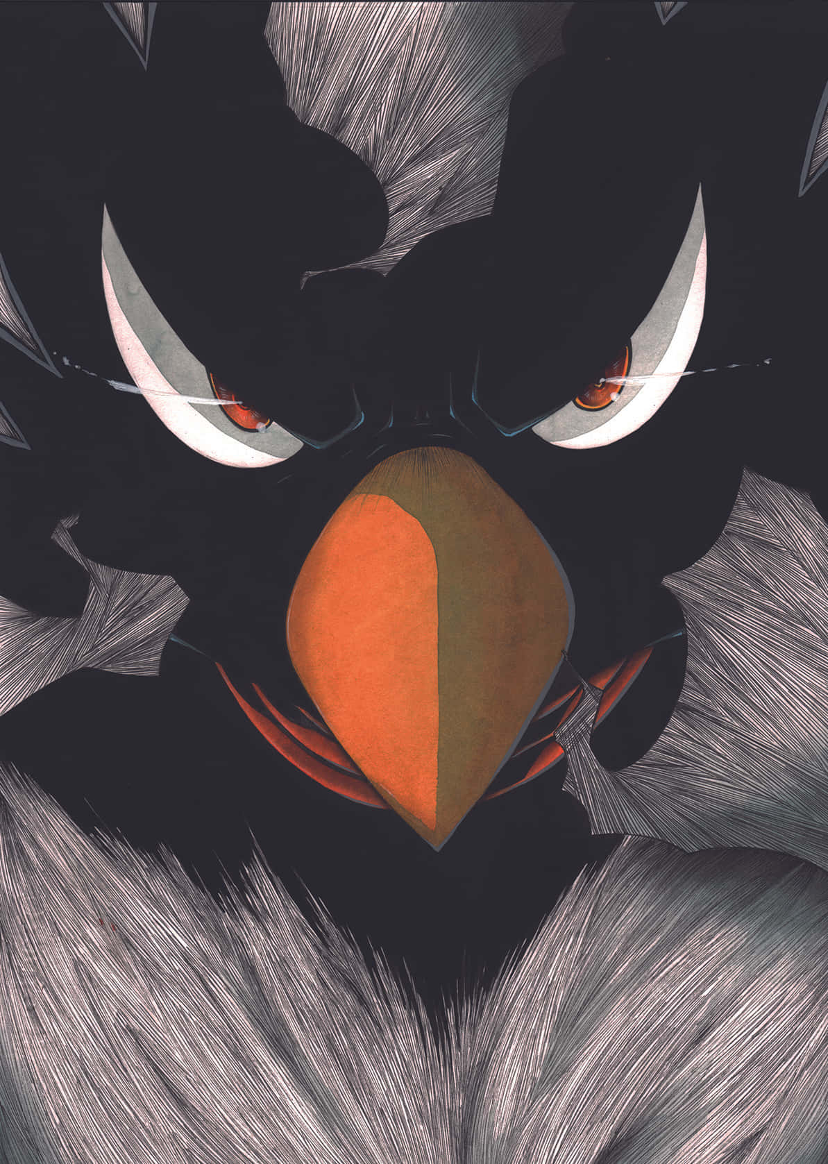Fumikage Tokoyami 桌布 壁紙 — 一隻風格化的鳥的威脅性特寫，擁有發光的紅色眼睛和尖銳的橙色喙，背景為深色。