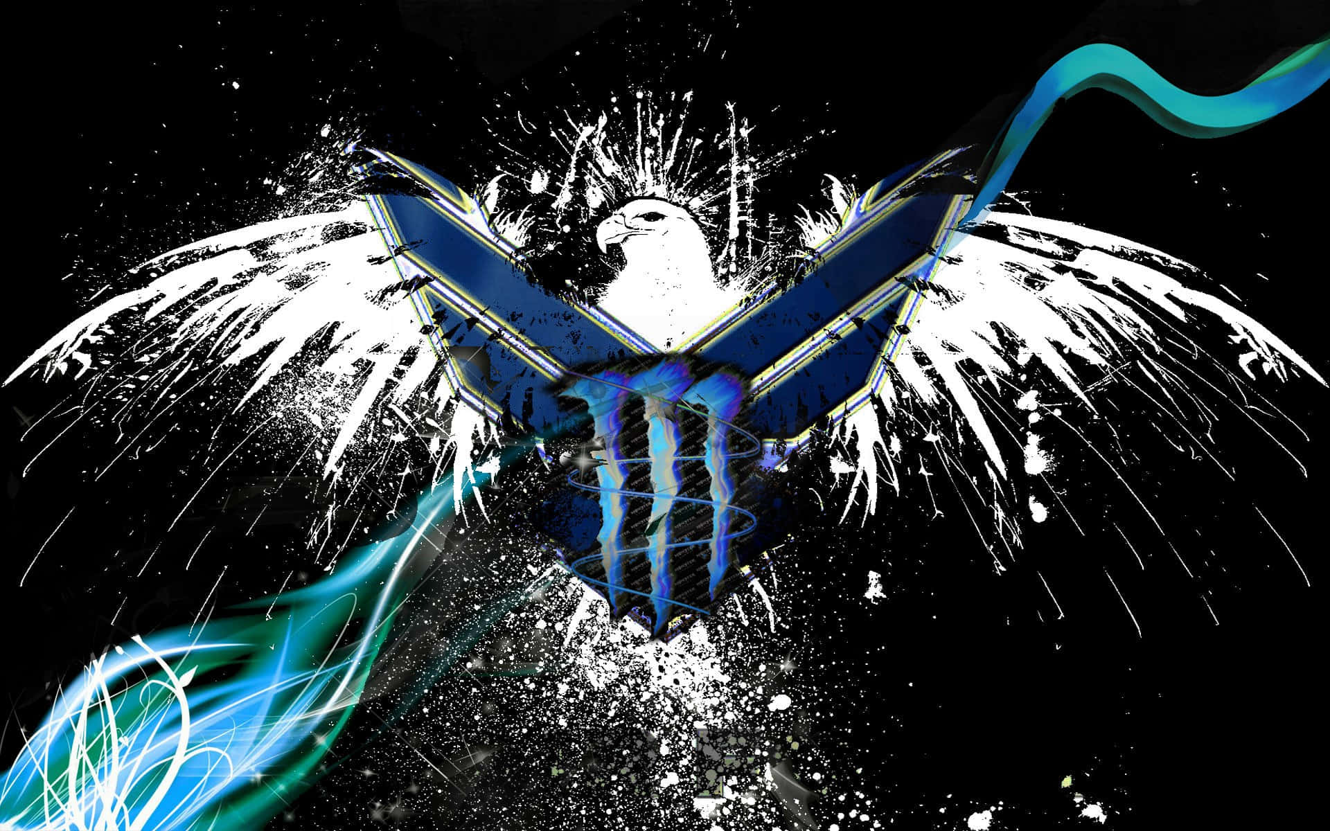 Monster Energy 桌布 壁紙 — 一隻風格化的鷹，展開翅膀，帶有發光的藍色能量流，背景為黑色潑濺效果。