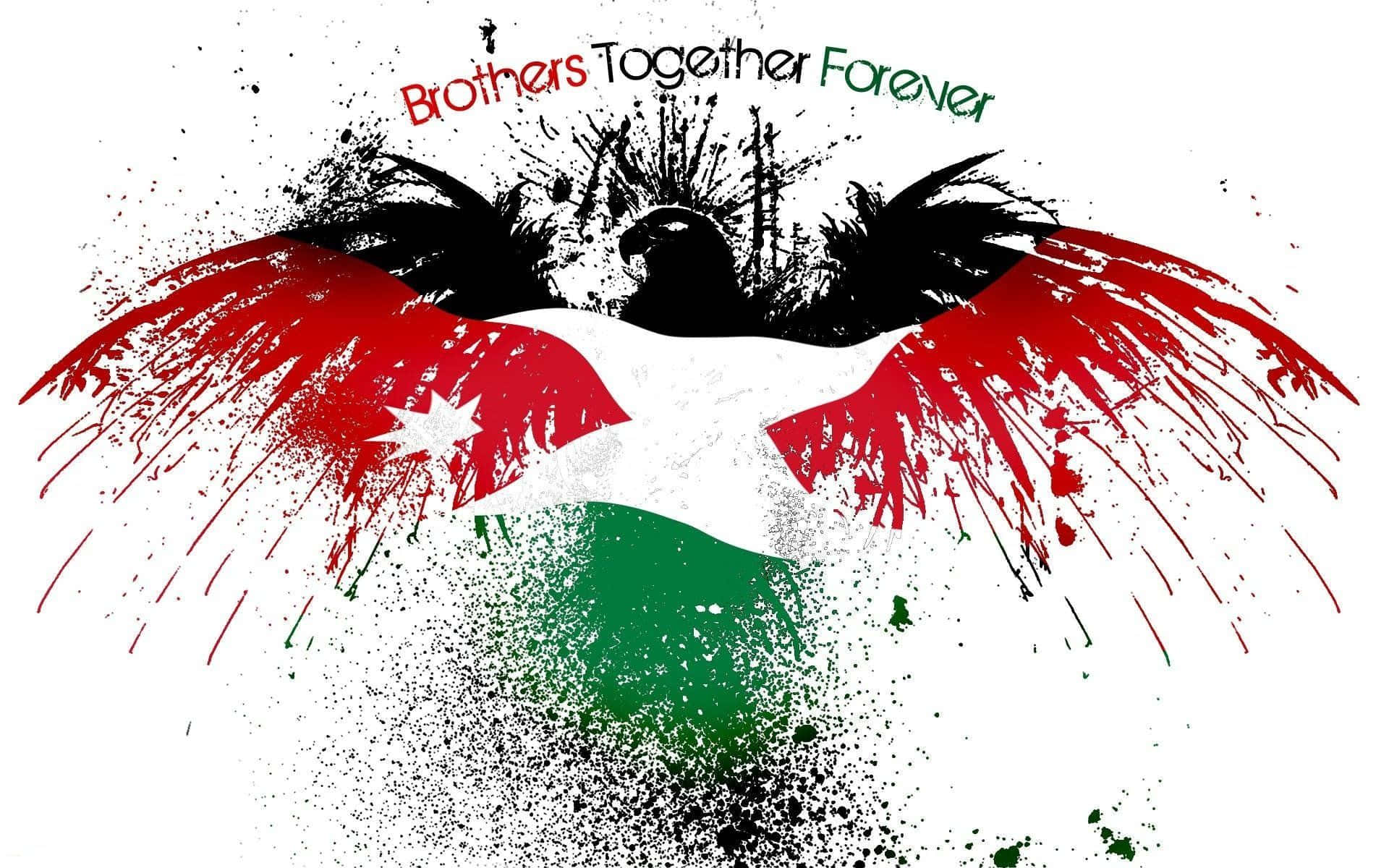 Palestine 桌布 壁紙 — 一隻風格化的鷹，翅膀展開，以紅色、白色和綠色繪製，帶有飛濺效果，上方有文字 Brothers Together Forever。