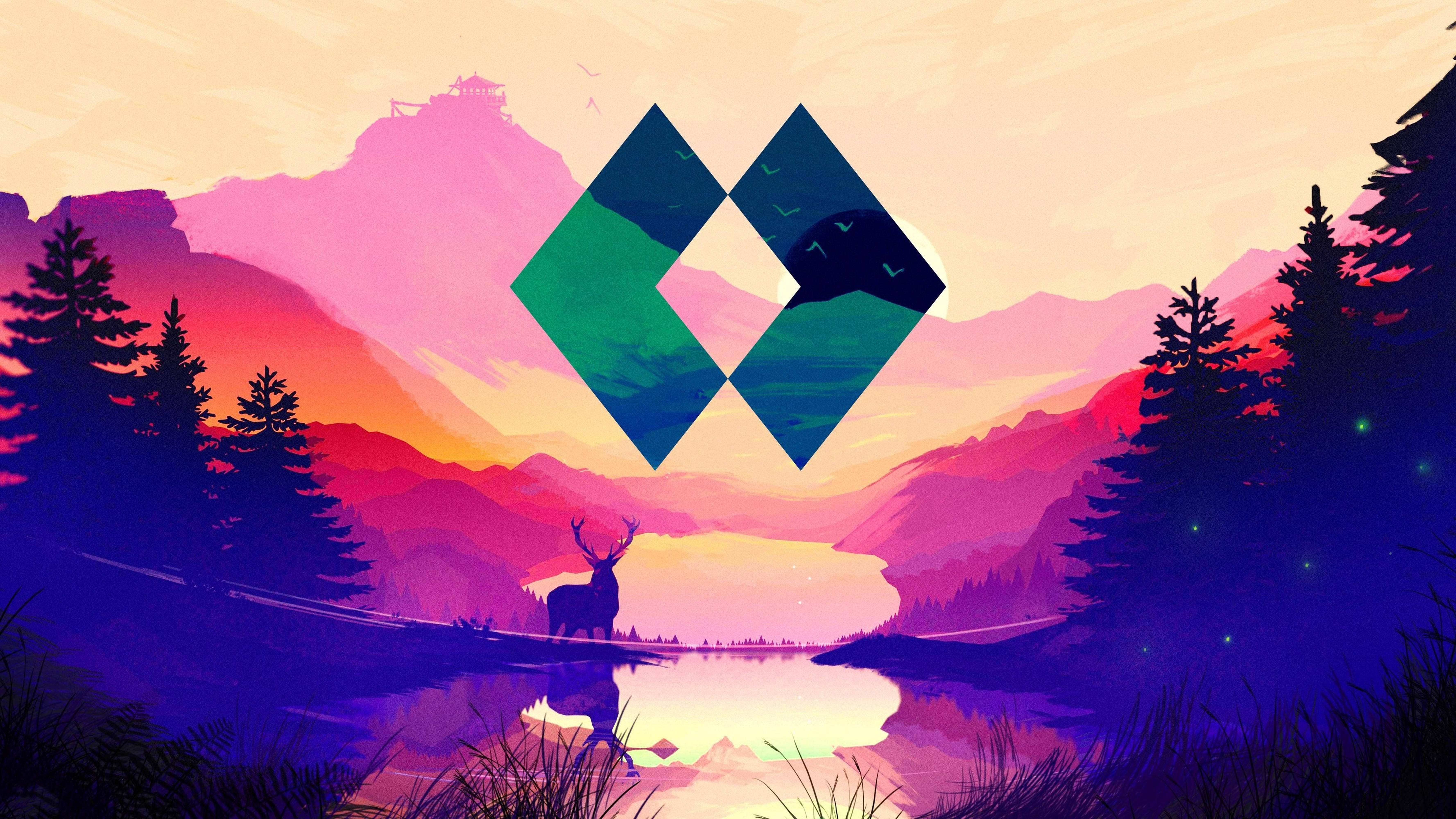 Mountain 桌布 壁紙 — 一隻風格化的鹿站在發光的湖邊，背景是鮮豔的日落，上方漂浮著幾何山脈標誌。