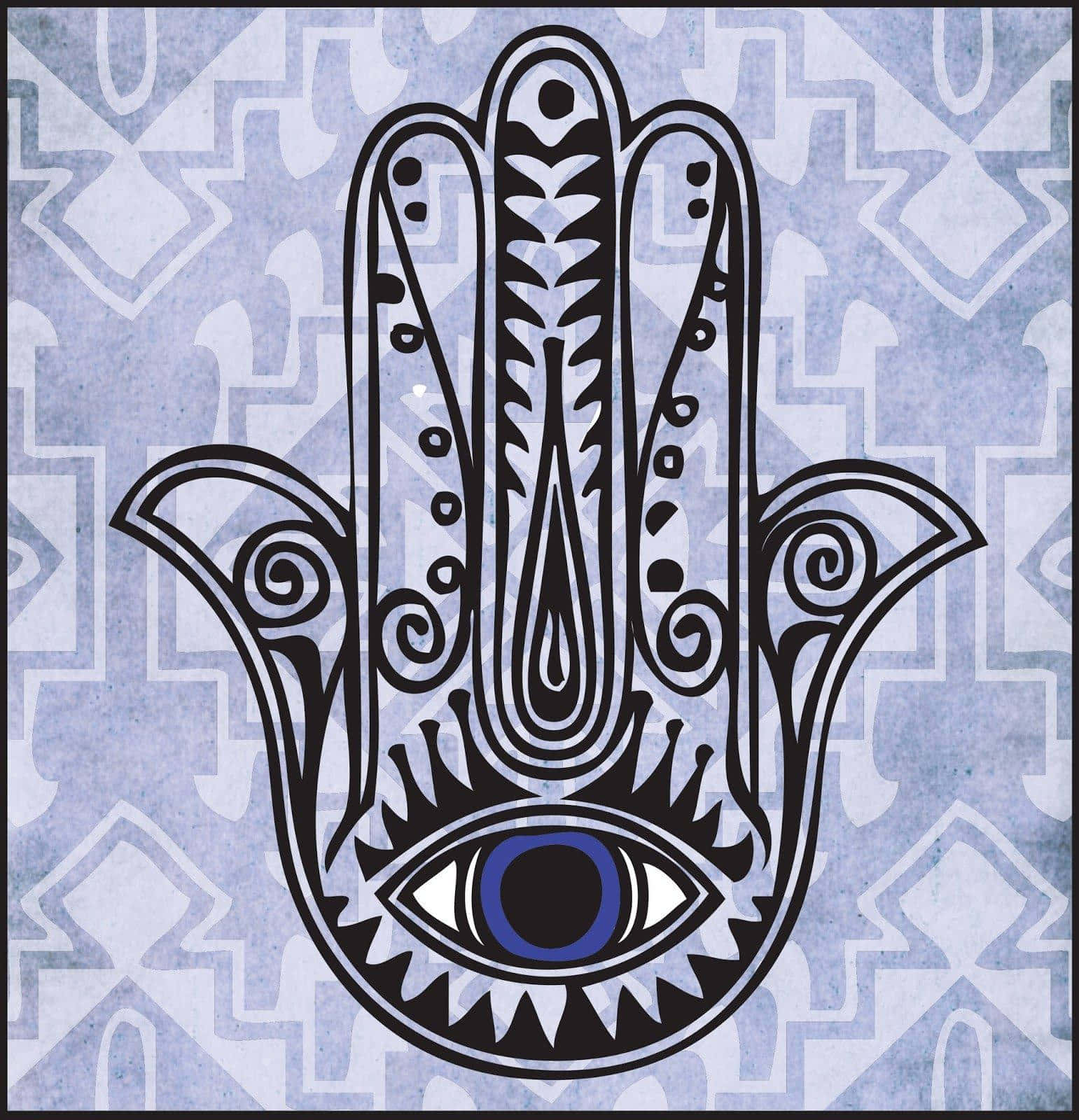 Hamsa 桌布 壁紙 — 一隻風格化的黑色哈姆薩之手，中心有一隻眼睛，置於藍色圖案背景上。