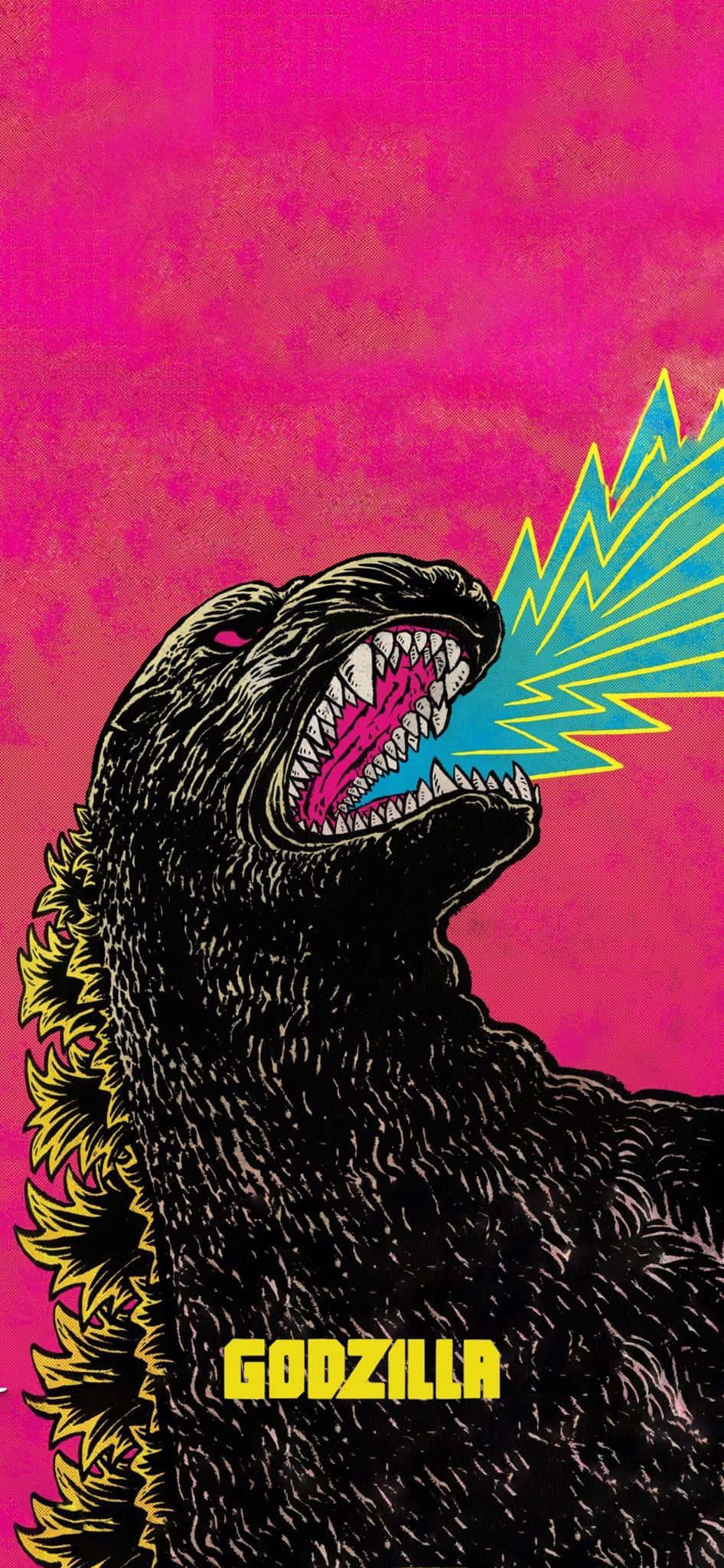 Godzilla Art 桌布 壁紙 — 一隻風格化的黑色哥斯拉在充滿活力的粉紅色背景上咆哮，噴射出鋸齒狀的藍色和黃色原子吐息。