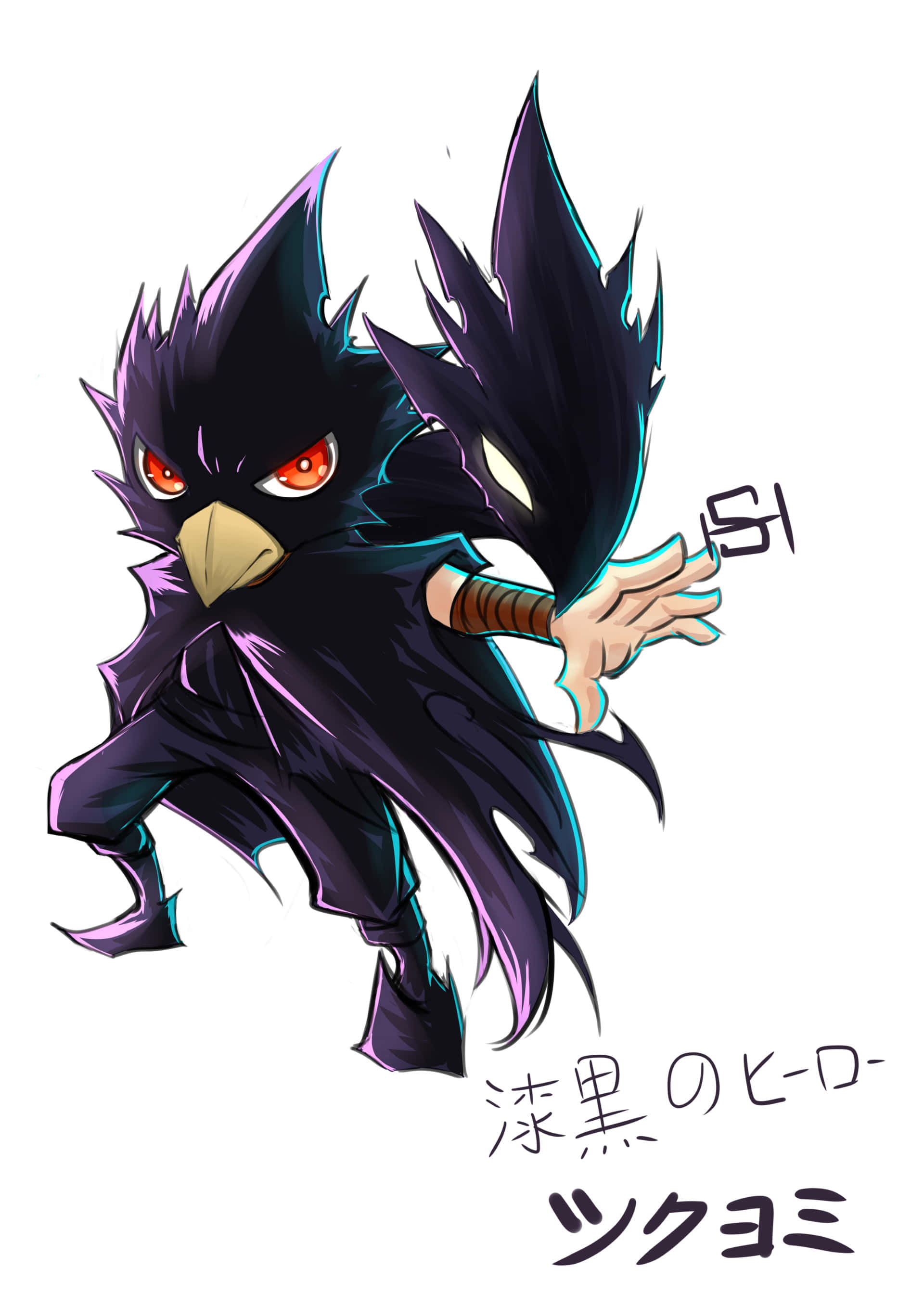 Fumikage Tokoyami 桌布 壁紙 — 一隻風格化的黑色烏鴉，有著發光的紅色眼睛和藍綠色亮點，在純白色背景上擺出動態姿勢。