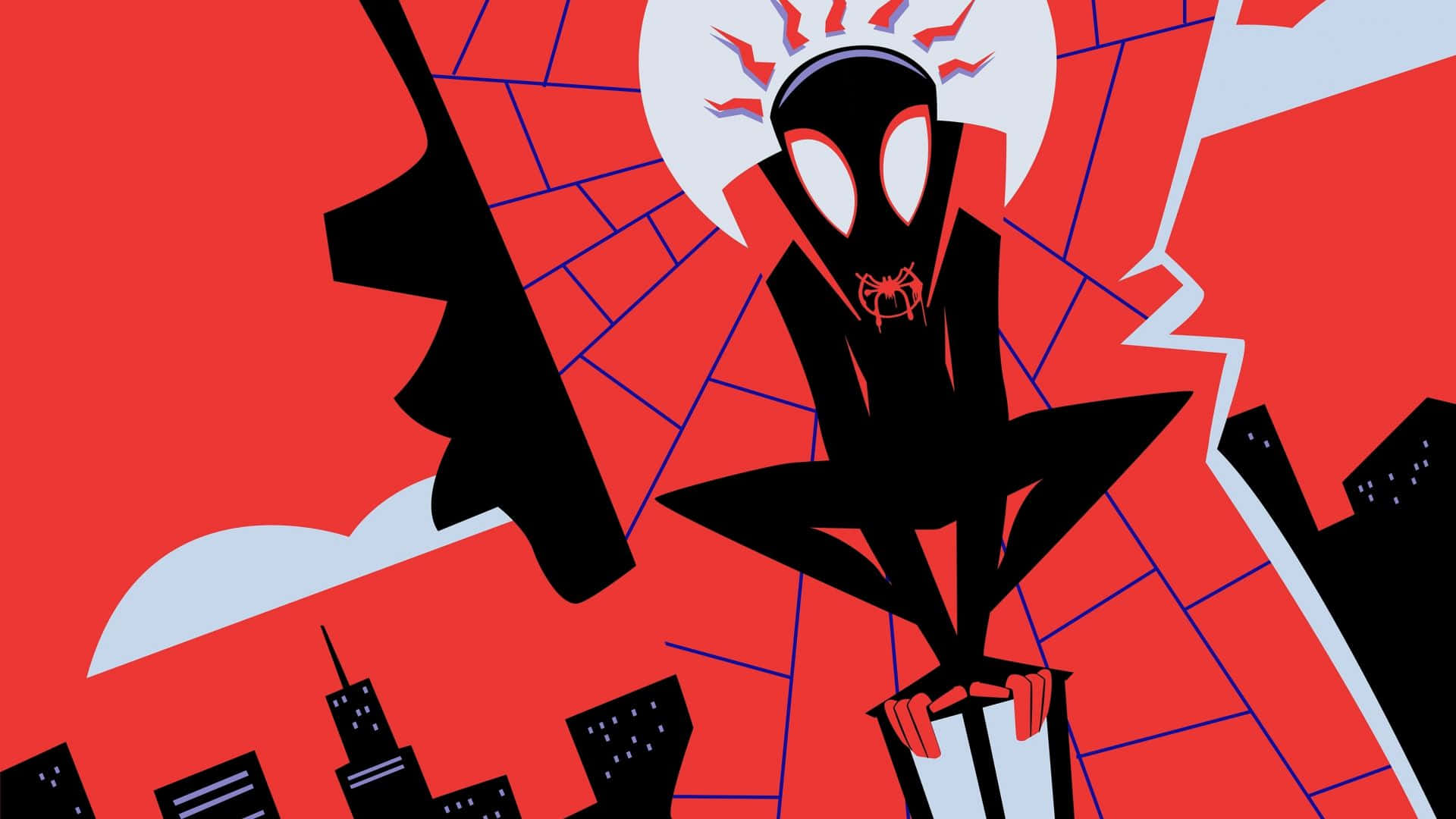 Miles Morales 動漫 桌布 壁紙 — 一隻風格化的黑色蜘蛛英雄，白色眼睛，棲息在摩天大樓頂端，背景是帶有藍色蛛網線條的醒目紅色城市天際線。