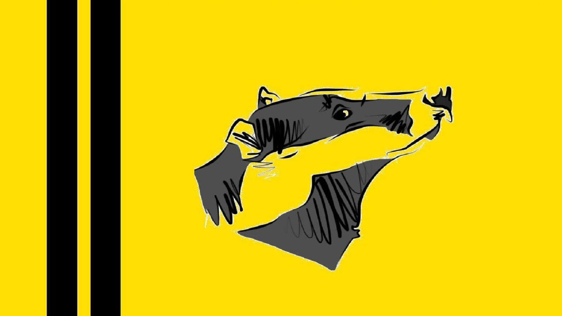 hufflepuff 桌布 壁紙 — 一隻風格化的黑色蝙蝠插圖，帶有表情豐富的眼睛和翅膀，背景是帶有黑色條紋的鮮黃色。