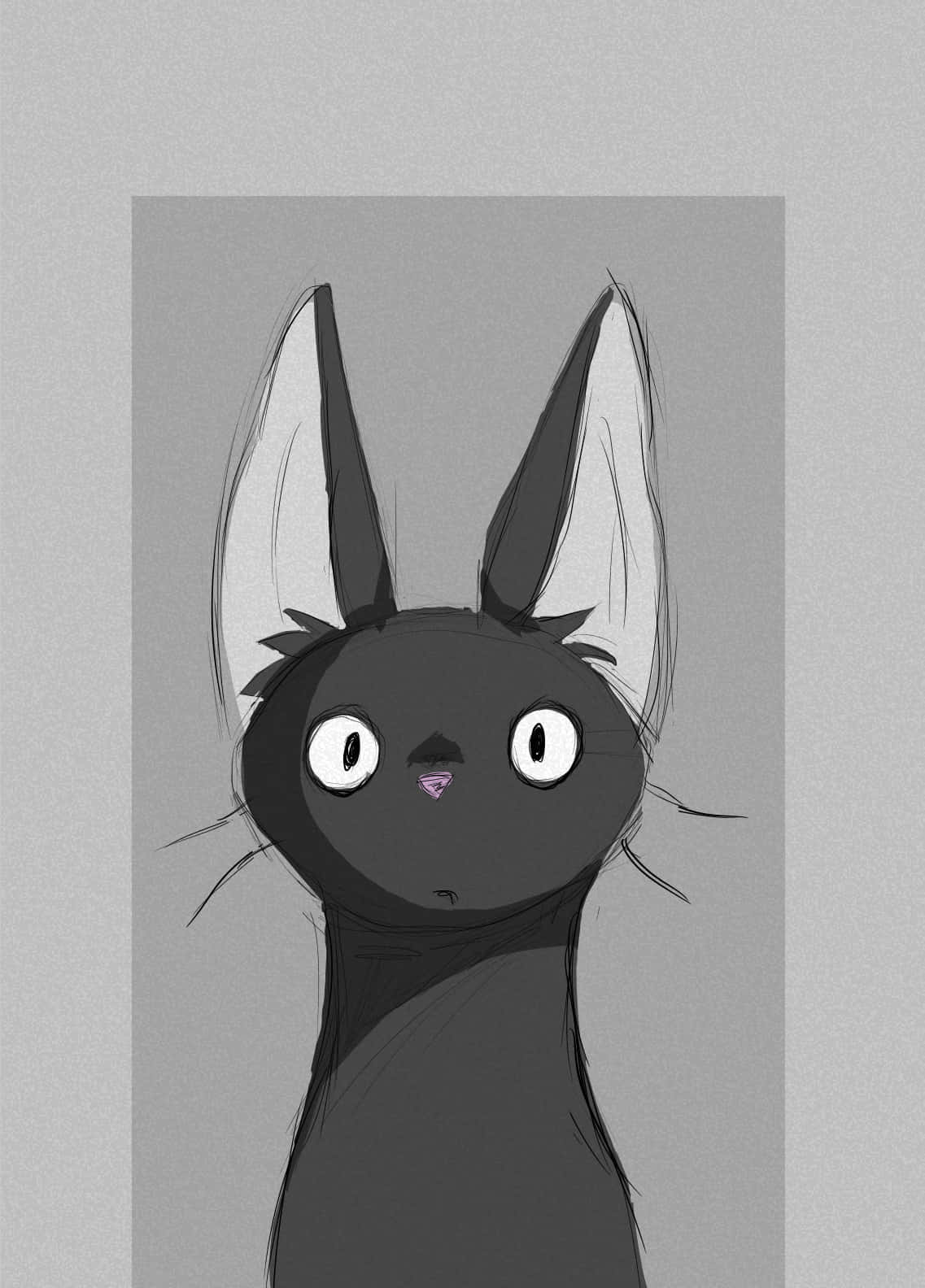 Jiji Cat 桌布 壁紙 — 一隻風格化的黑貓，有著白色大眼睛和粉紅色小鼻子，在柔和的灰色背景前直視前方。