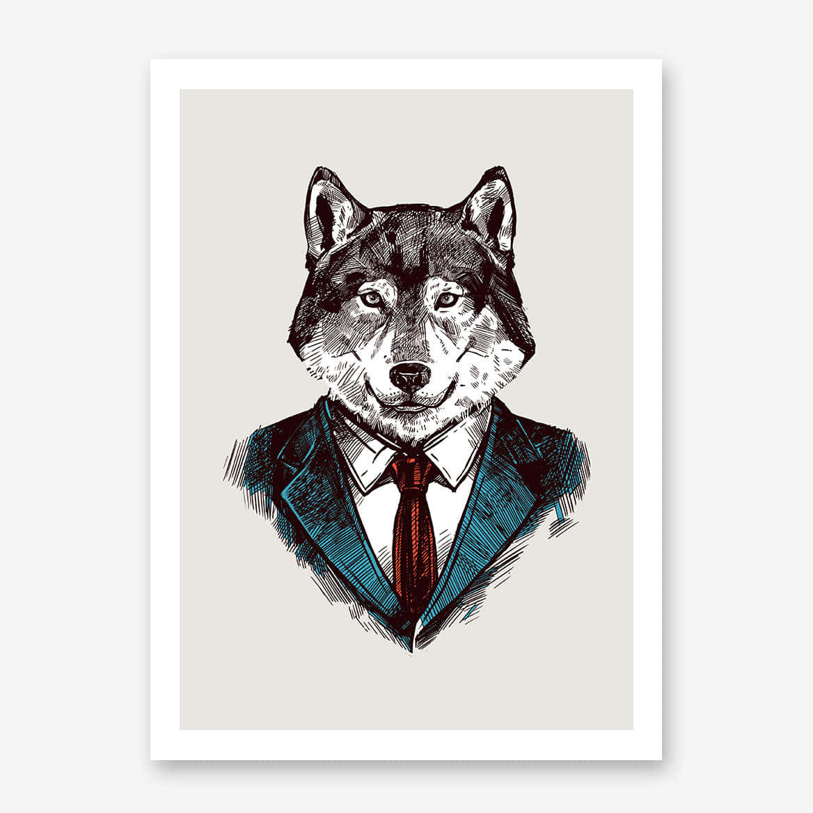 Wolf Art 桌布 壁紙 — 一隻風格時尚的狼，身穿青綠色西裝和紅色領帶，直視前方，表情嚴肅。