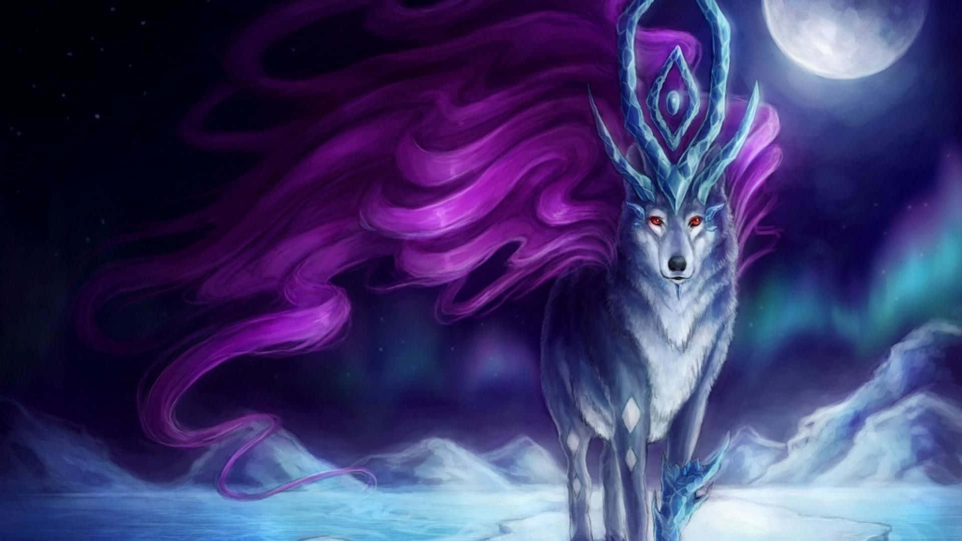 一隻飄渺的銀河狼，背景為明亮星河 壁紙 — 一隻雄偉的冰狼，擁有發光的紅色眼睛和飄逸的紫色鬃毛，站在滿月和北極光下的雪景中。