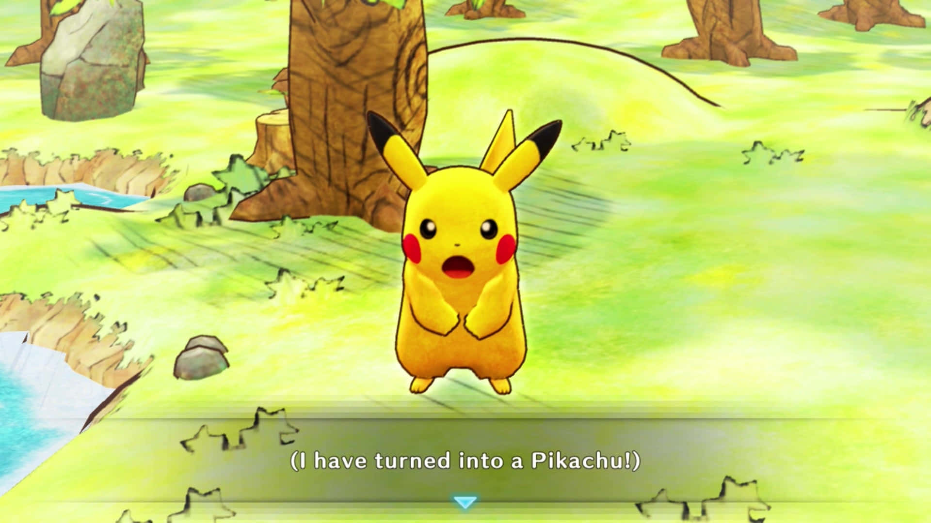 Pokemon Mystery Dungeon 桌布 壁紙 — 一隻驚訝的黃色比卡超站在明亮的綠色森林空地中，附近有樹木和河流。