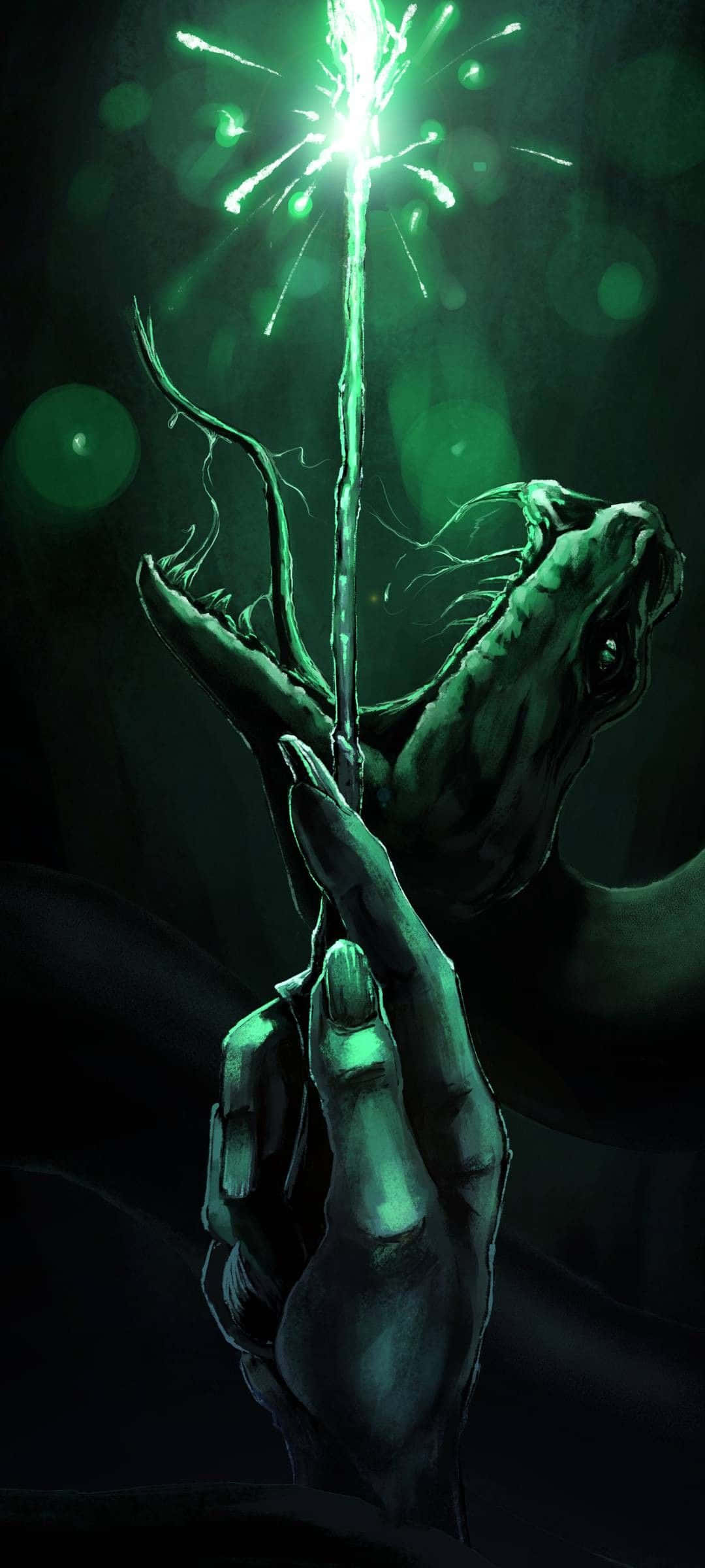 Harry Potter Nagini 桌布 壁紙 — 一隻骷髏手在黑暗背景中，手持發光的綠色煙花棒，周圍有詭異的綠色散景燈光。