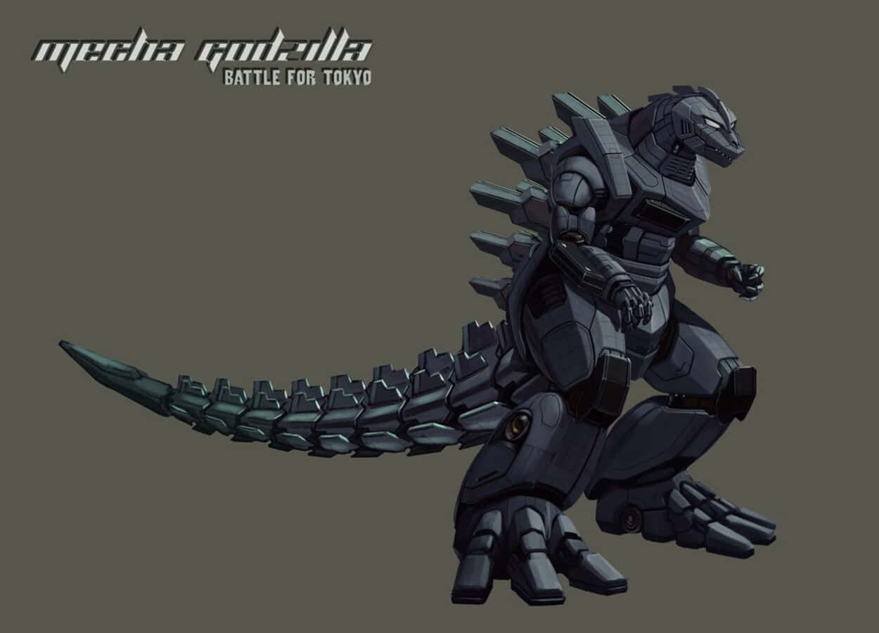 mechagodzilla 桌布 壁紙 — 一隻高大的機械哥斯拉以戰鬥姿勢站在純灰色背景前，配備金屬裝甲和發光的眼睛。