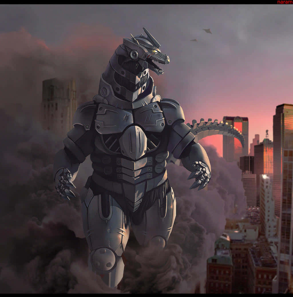 Robot Godzilla 桌布 壁紙 — 一隻高大的裝甲哥斯拉在日落時分站在煙霧和城市廢墟中，眼睛發光，尾巴帶刺。