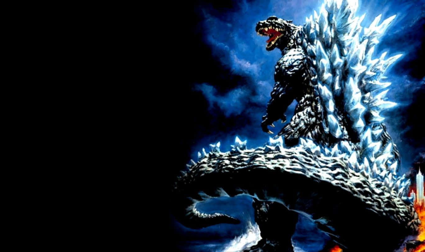 Classic Godzilla 桌布 壁紙 — 一隻高聳的冰封哥斯拉在黑暗暴風雨的天空下咆哮，藍色發光能量沿著它的脊骨劈啪作響。
