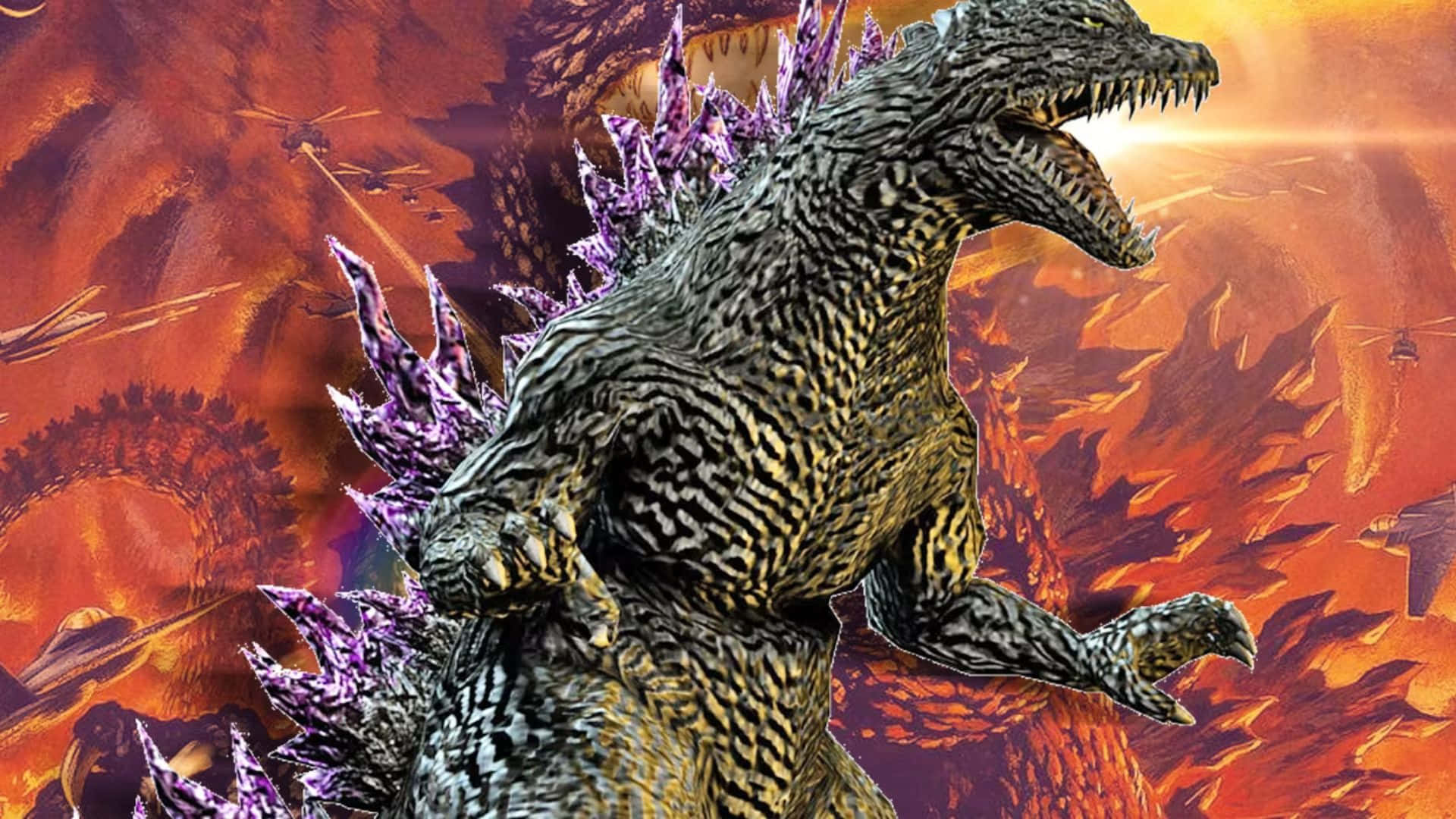 Godzilla 2000 桌布 壁紙 — 一隻高聳的哥斯拉，帶有紫色尖刺，在熾熱的橙色毀滅和飛行的直升機中咆哮。