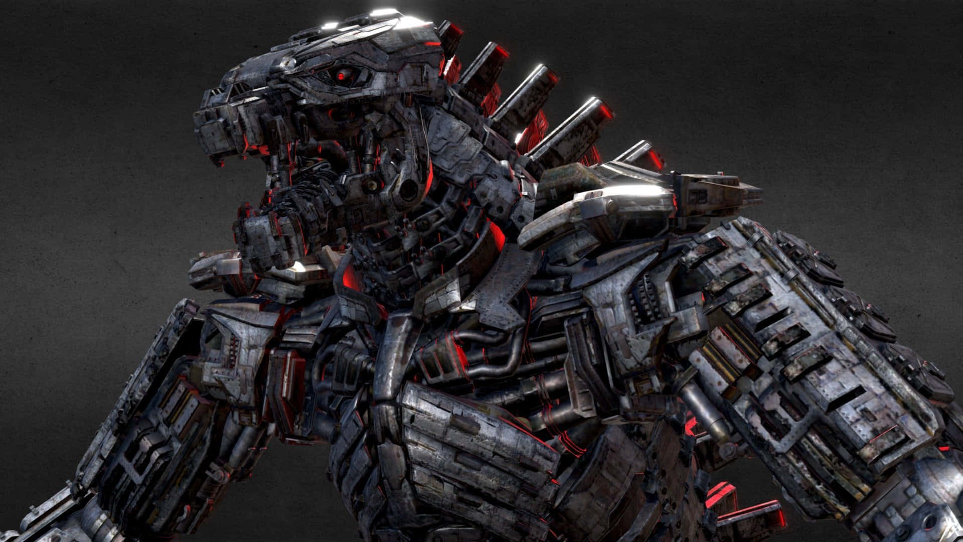 Robot Godzilla 桌布 壁紙 — 一隻高聳的機械哥斯拉，擁有發光的紅色眼睛和暴露的電路，在深灰色背景下威風凜凜地站立。
