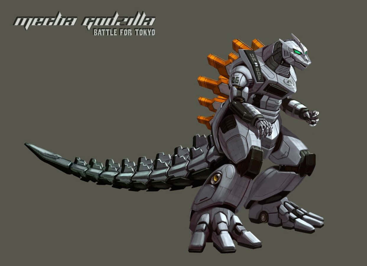 mechagodzilla 桌布 壁紙 — 一隻高聳的銀色和橙色機械哥斯拉在純灰色背景下準備戰鬥。
