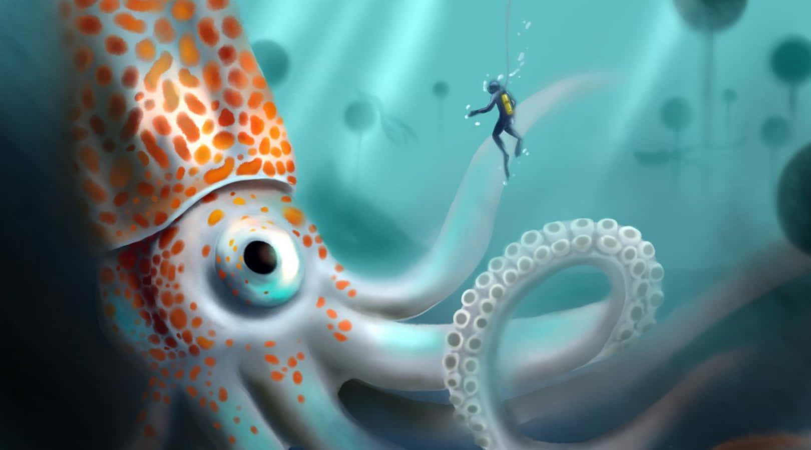 一個小潛水員在深海中探索一隻巨大的彩色魷魚。