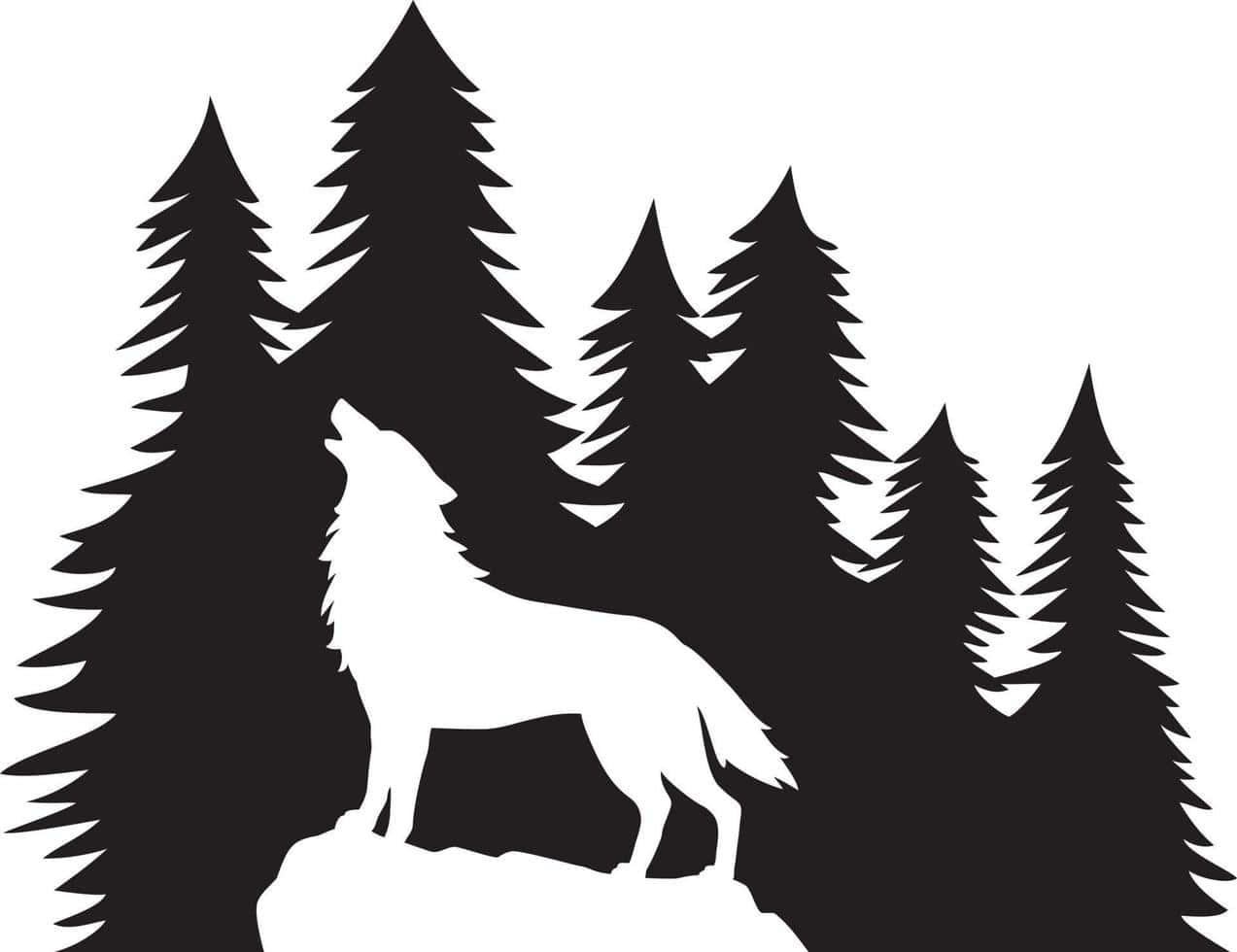 Wolf In Mountains 桌布 壁紙 — 一隻鮮明的白色狼剪影在岩石上嚎叫，背景是黑色的松樹。