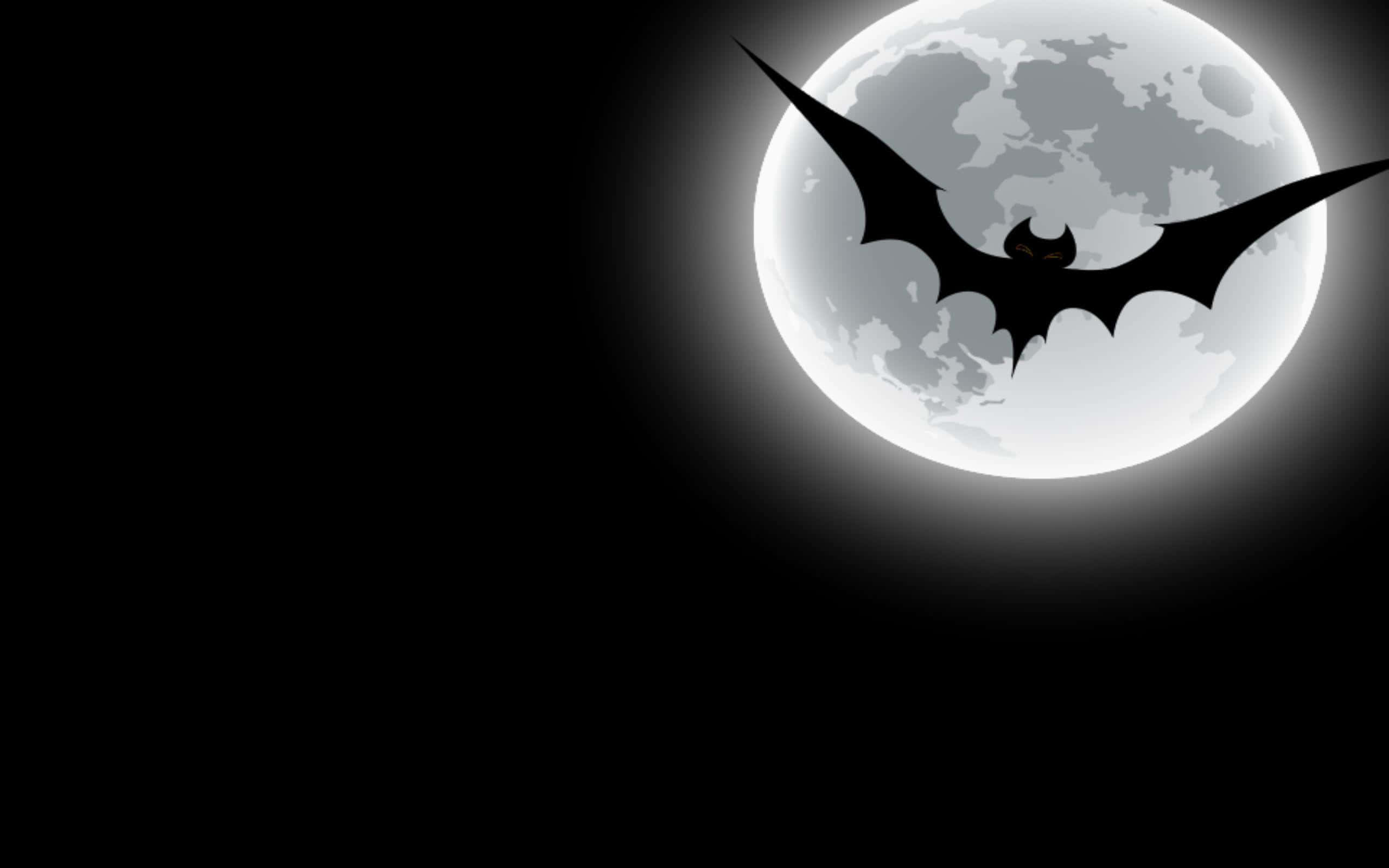 bat 桌布 壁紙 — 一隻鮮明的黑色蝙蝠剪影在漆黑的夜空中，對著一輪明亮的滿月翱翔。