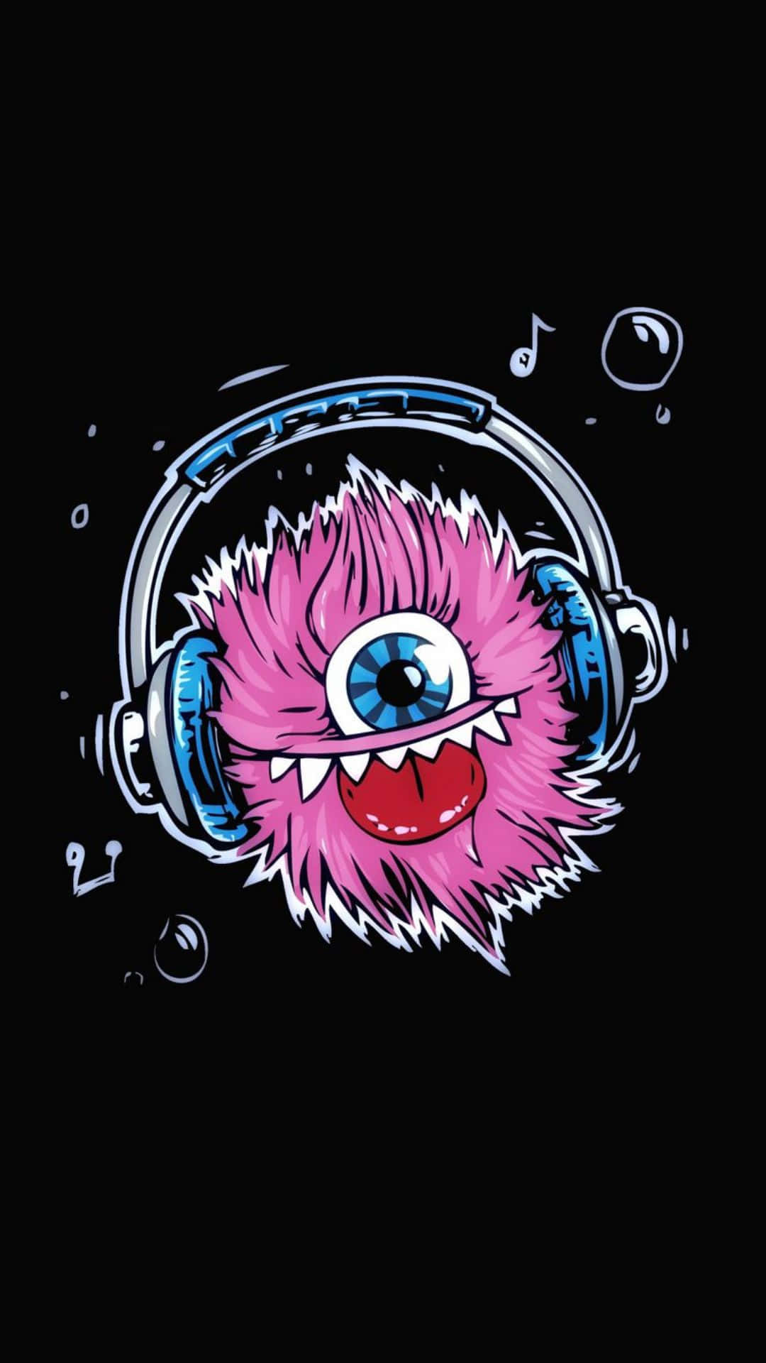 Kawaii Monster 桌布 壁紙 — 一隻鮮粉紅色單眼怪物，擁有尖銳牙齒和藍色耳機，在黑色背景上微笑，周圍漂浮著音符。
