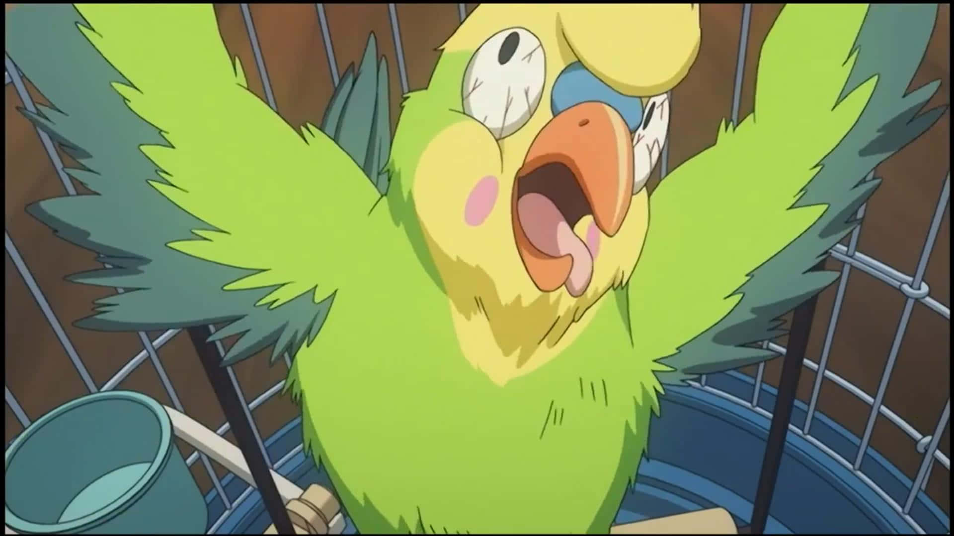 Toradora Inko 桌布 壁紙 — 一隻鮮綠色卡通鸚鵡，睜大眼睛，張開喙，在金屬籠子裡興奮地大叫。
