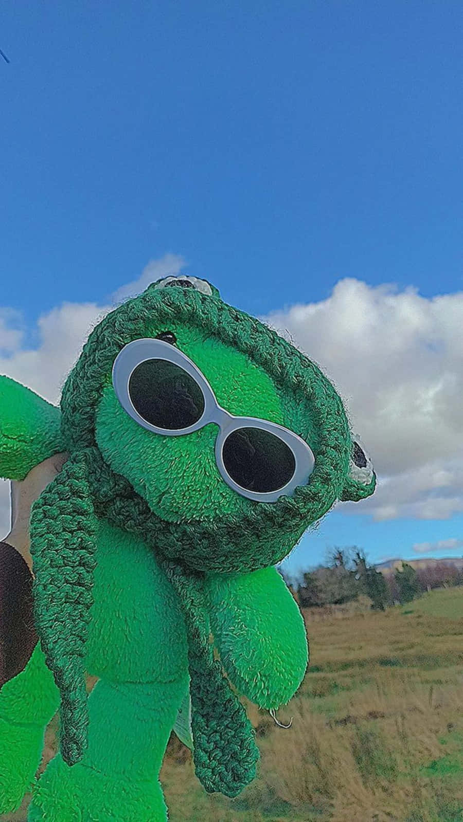 Aesthetic Frog 桌布 壁紙 — 一隻鮮綠色鉤針編織章魚毛公仔戴著超大白框太陽眼鏡，站在有 fluffy 雲朵的鮮豔藍天下。