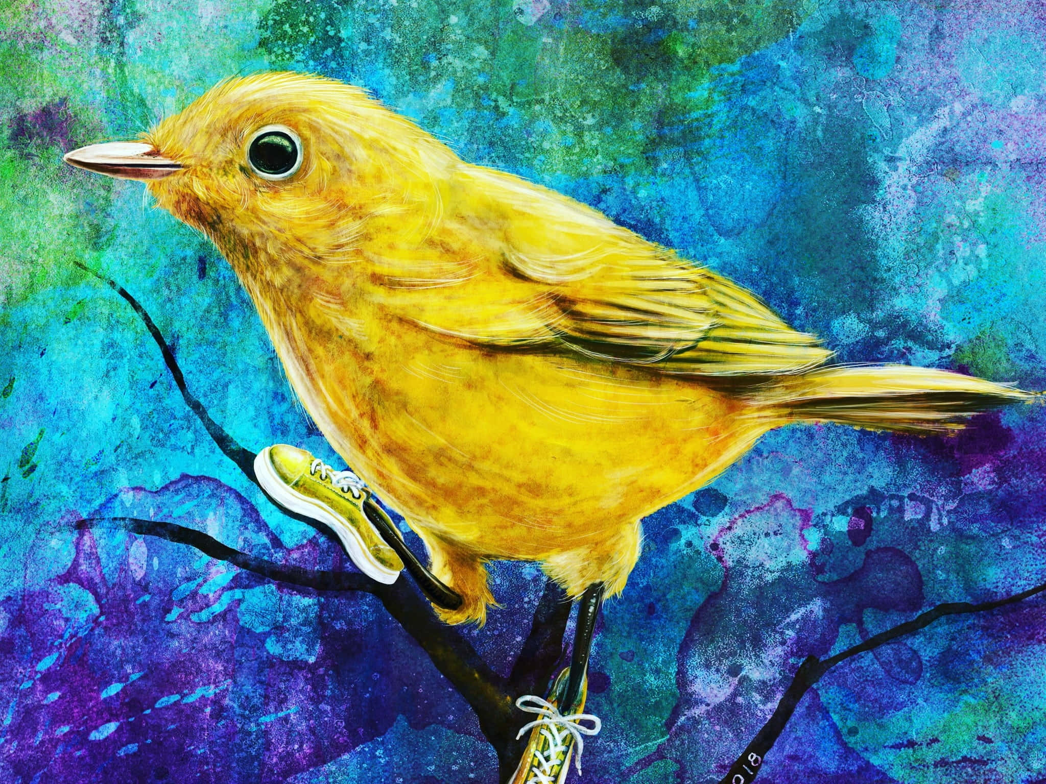Yellow Canary 桌布 壁紙 — 一隻鮮黃色嘅雀仔企喺樹枝上，着住細細嘅波鞋，背景係旋轉嘅藍色同紫色水彩。