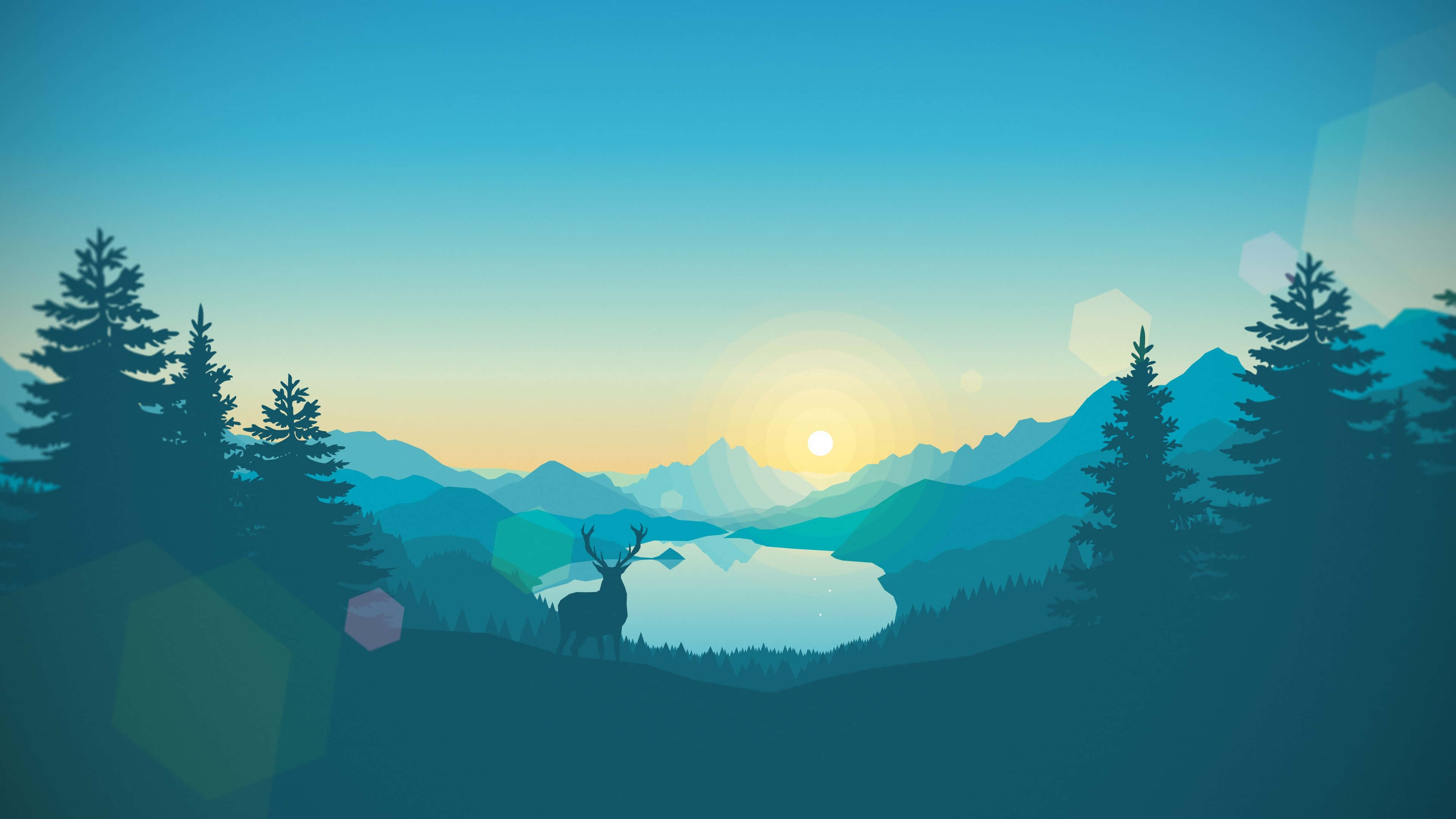 Minimal Art 桌布 壁紙 — 一隻鹿在日落時分寧靜地站在平靜的湖邊，被松樹和層層疊疊的山脈框住，天空呈現漸變色彩。