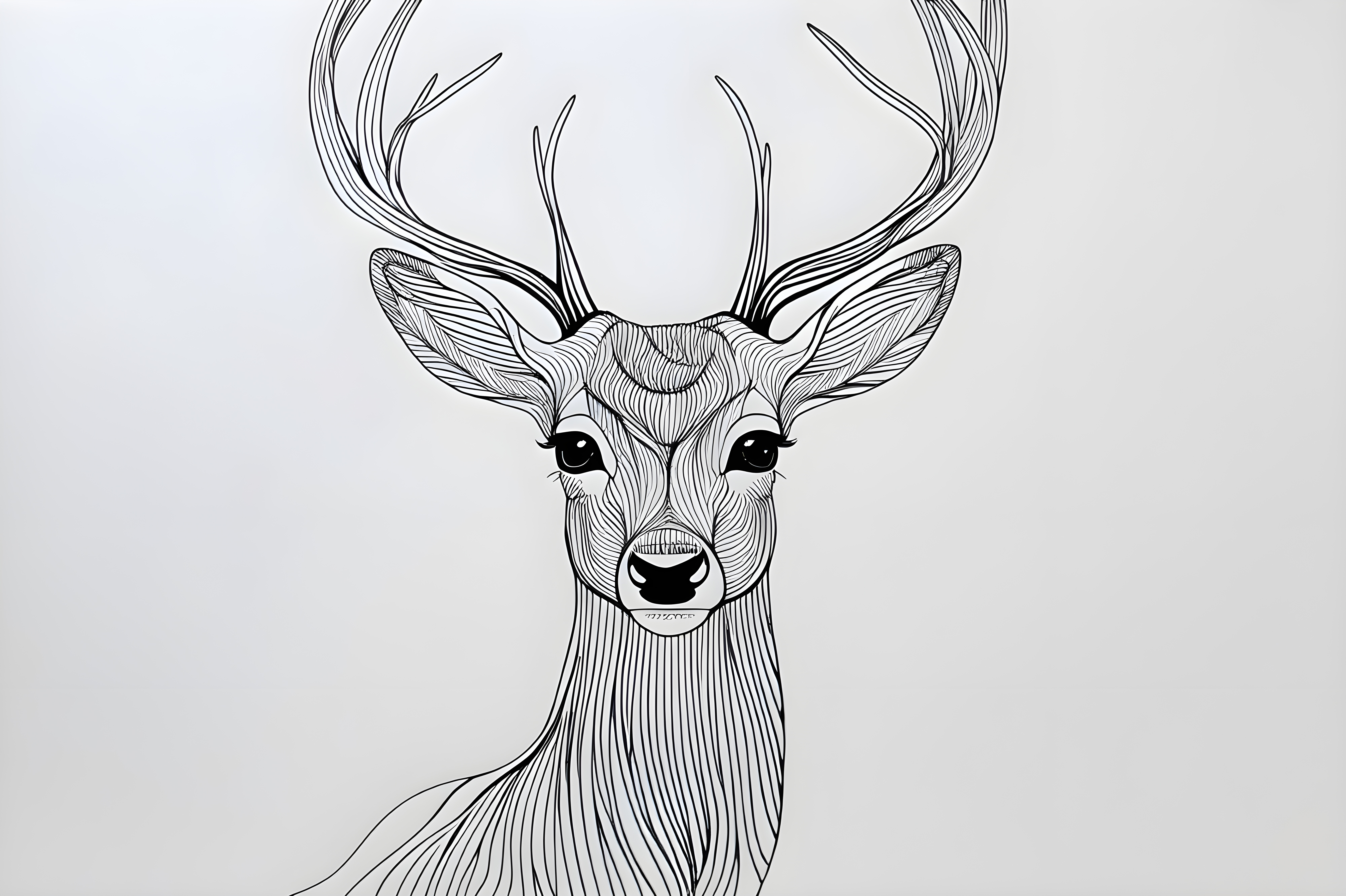 一隻鹿的素描 壁紙 — 一幅詳細的黑白線條畫，描繪一隻雄偉的鹿，擁有複雜的鹿角和富有表現力的眼睛，背景為純色。